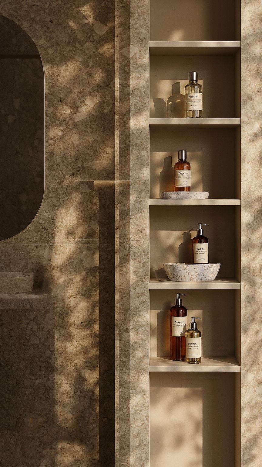 I donât know about you, but lately Iâve been living in my bathroom.
When the temperatures rise, this space becomes my personal retreatâso it has to feel right.
Beautiful stonework, thoughtfully chosen bottles, a touch of luxury in the air⌠and ice-cold water on repeat.