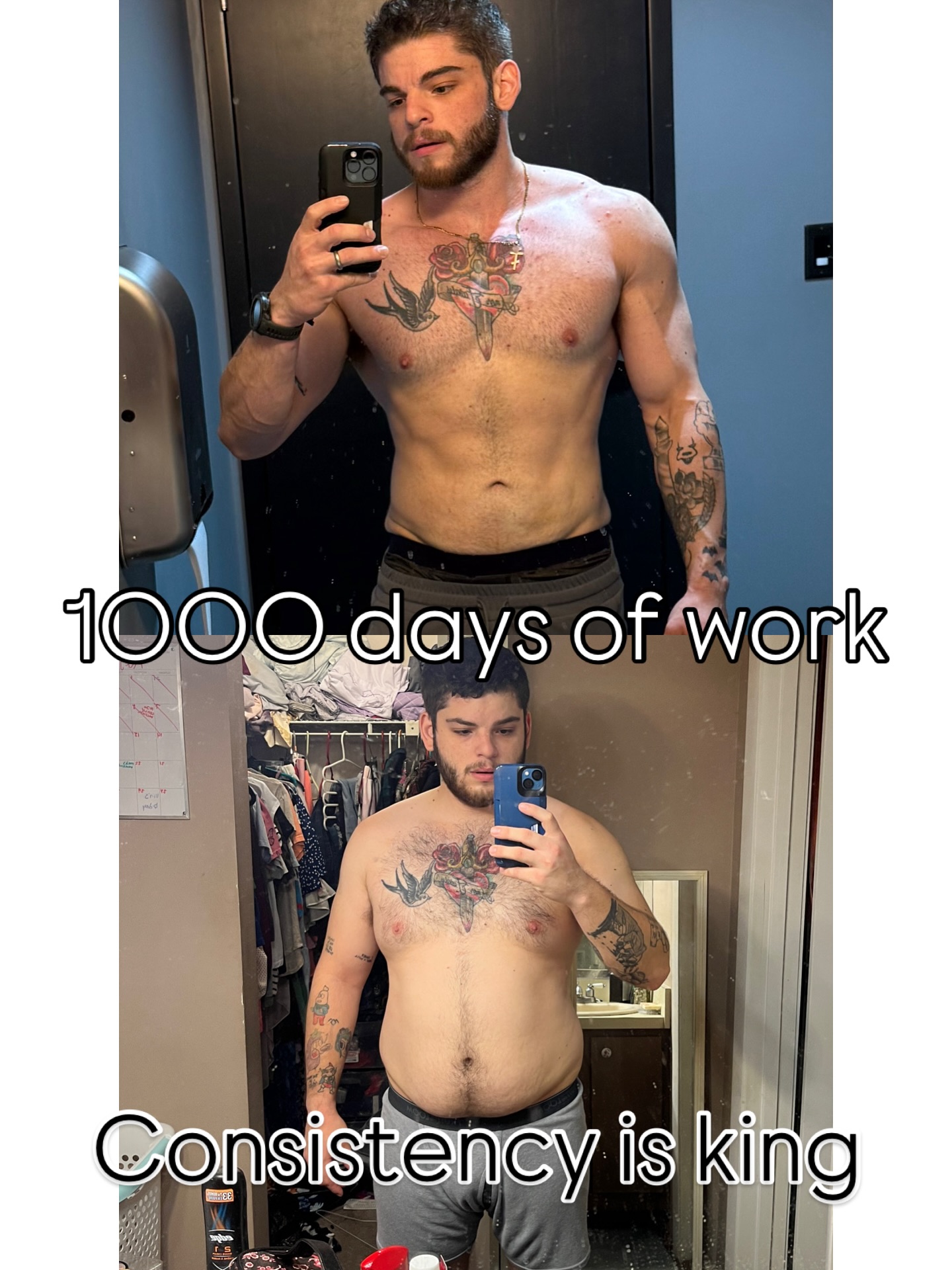 Tomorrow will be 1000 days from the bottom picture. The power of showing up is unstoppable. I can’t tell you how many times I wanted to give up, stay in bed, give in, skip my workout, stay comfortable. I’d look in the mirror and see my reflection as not good enough. Never imagined I would be where I’m at now. It’s taken me a long time to realize it’s not about the result, but the process. Every challenge, every hurdle, every rep has led me to the man I am today and this is just the beginning. This is so much more than achieving a physique. It’s developing a different mindset. Optimistic to see where I’m at in 1000 more.