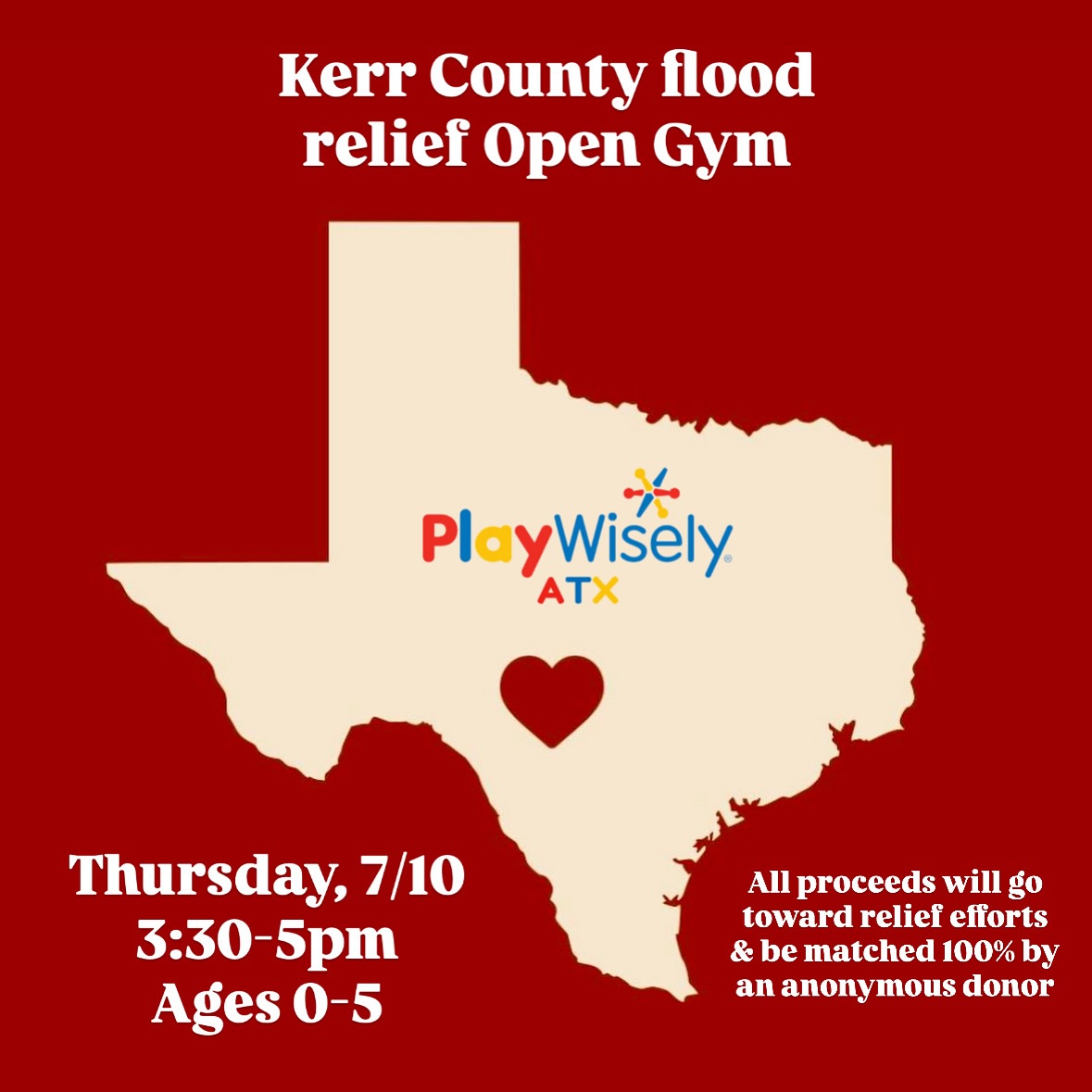 🚨UPDATE: PlayWisely ATX raised a grand total of $1,600 for flood relief efforts!!!!! 👏🏼 THANK YOU SO MUCH to our incredible families for their generosity and support!
Join us at PlayWisely ATX this Thursday from 3:30-5pm (come and go whenever) for ages 0-5. All proceeds will directly be donated to flood relief + be matched 100% by an incredible family who has asked to remain anonymous. Register at PlayWiselyATX.com to secure your spot. If you’re unable to attend but still want to donate to the cause via PlayWisely ATX, please message us. Thank you for your support during heartbreaking times, and we hope getting together as a community can help our PlayWisely families during this difficult time. 💚 #kerrcounty #campmystic #kerrville #floodrelief