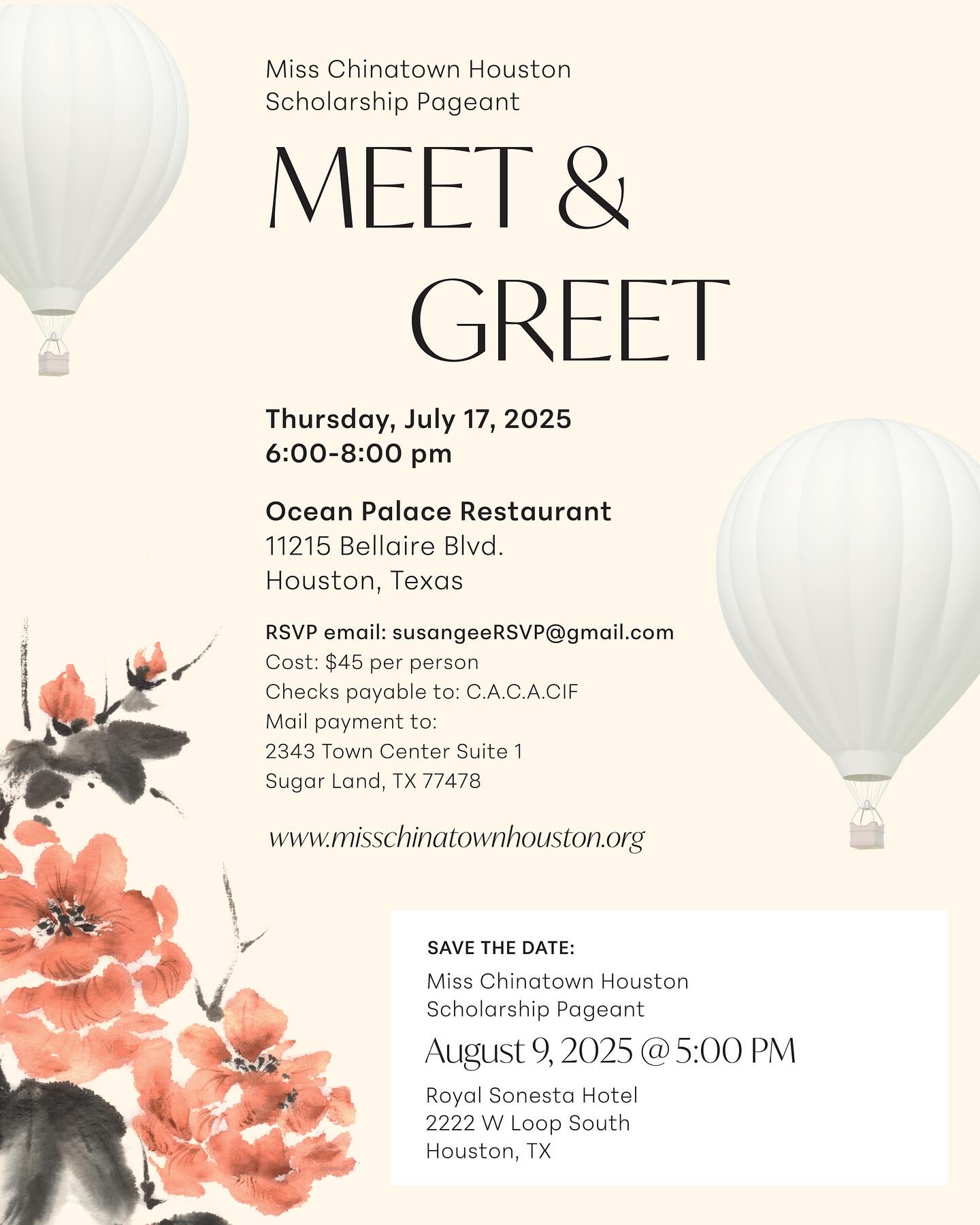 Come meet the 2025 Miss Chinatown contestants on July 17! ✨
Ocean Palace Restaurant
6-8 PM
RSVP to SusanGeeRSVP@gmail.com
$45 per person