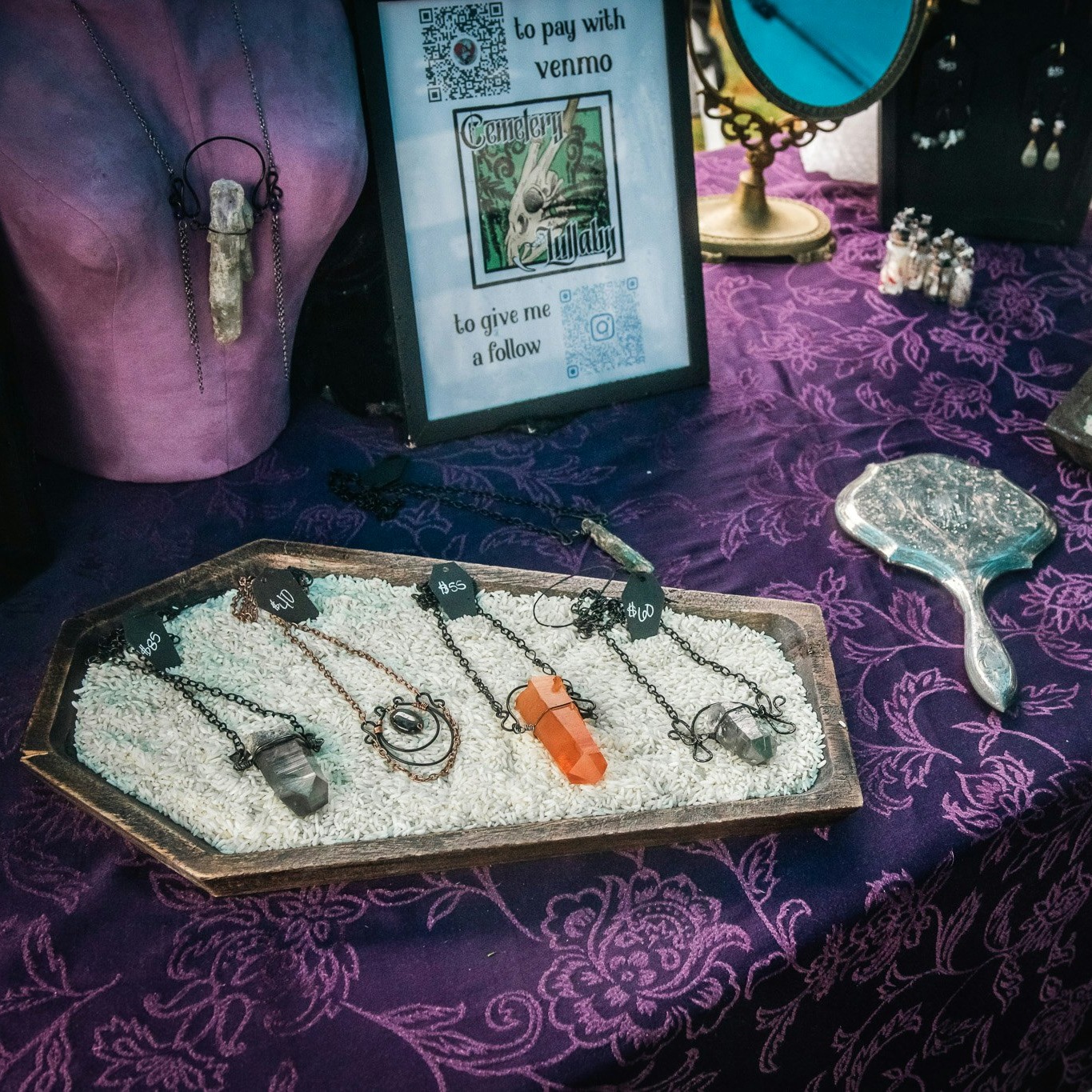 Autumn Vendor Spotlight - Cemetery Lullaby
Discover Cemetery Lullaby, a mystical forest witch who crafts enchanting jewelry from foraged bones and unique stones.
Her creations blend nature's whispers with artistry, making each piece not just an accessory but a story waiting to be worn. ✨
First photo by @uniquityfoto
#EthicalJewelry #UniqueAccessories #FallVibes #HandcraftedGoods #NatureInspired #ArtisanCrafts #SustainableFashion #MysticalDesigns