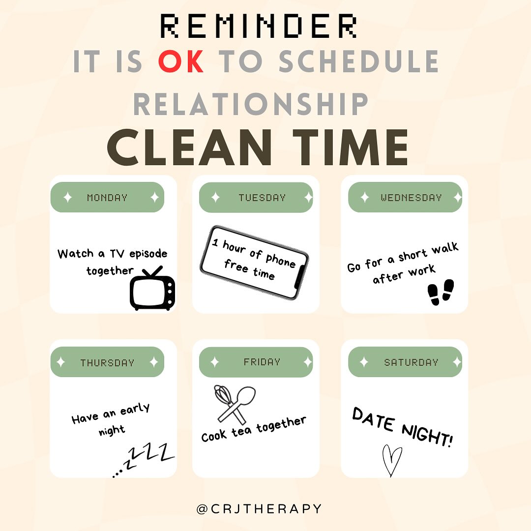 🕰️ Sometimes people feel like scheduling time together to connect can feel clunky or inauthentic, a sign of failing. Well actually it’s not just OK but positively encouraged! It helps to grow intentionality in our busy lives, the gift of time⏳What better way to say “I love you and you matter to me” 🖤
#youmatter #scheduling #cleantime #mentalhealth #mentalhealthawareness #mentalhealthadvocate#mentalhealthadvice #mentalhealthsupport #selfcarethreads #selfcaresunday #smallwins #mentalhealthquotes #twototango #relationshipgoals #relationshiptherapy #couplegoals #boundaries