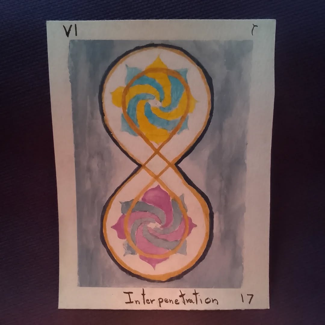 The dance of Interpenetration flourished out of my contemplation of the Lovers card, in my Tarot of Fields.
The interweaving of contrasting elements improves resilience and adaptability.
And the union of yin and yang elements within the body and our lives is key to health.
A songbird drinks from the river in the shelter of a beaver's dam. The industrious creative energy alters the environment, becoming habitat again for many creatures.
Mutual influence is the play we are here to experience together.
Create, surrender.
With love,
N