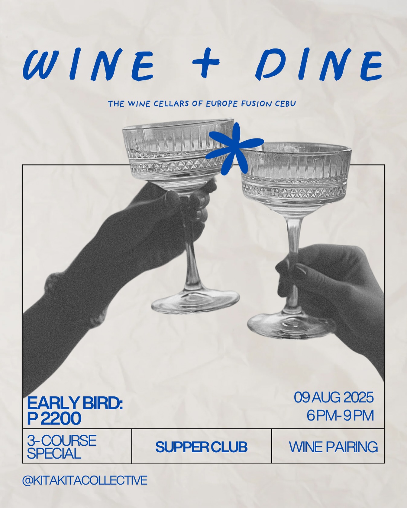 Join us at The Cellars at Europe Fusion for an evening of curated wine tasting and a full-course dining experience.
Savor three specially selected wines with the guidance of a sommelier, enjoy a thoughtfully prepared meal, and connect with new friends over good food, great wine, and classic Kitakita bonding activities.
๐ท Ticket Inclusions:
โจ 3 curated wine tastings (non alcoholic options available)
๐ฝ๏ธ Full-course meal: appetizer, main, and dessert
๐ฌ Classic Kitakita bonding games & activities
See you there!
Link in bio ๐