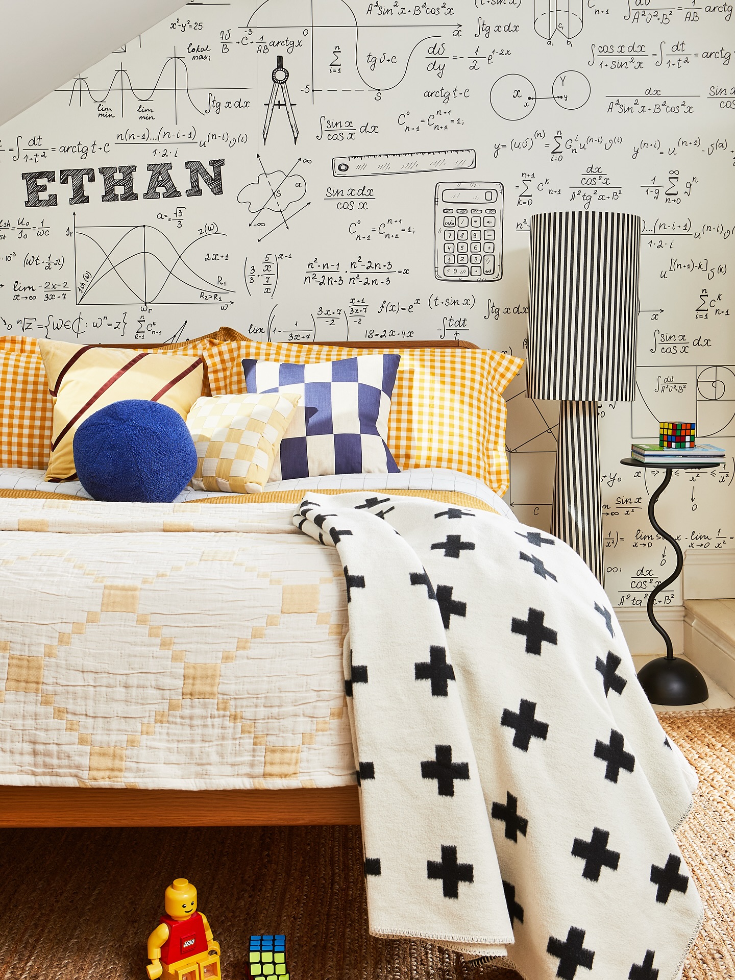 SCHOOLS ‘NEARLY’ OUT FOR SUMMER
This was one of the very first spaces I created for this family in our SW11 project – a bedroom for their amazing son with a brilliant brain and a big love for mathematics. So much so, he wanted it everywhere!
I designed a bespoke mural wallpaper, filled with numbers and equations to keep him curious and inspired.
He was so happy with the result – and when he told me, “I’ll never grow out of this – I’ll always love maths,” my heart just about burst. 💛 You just can’t beat a happy little client.
We brought in bright accents to keep things light and lively – with playful lines and geometric touches running through the cushions from @christina_lundsteen and the lighting from @rockettstgeorge.co.uk pulling the whole concept together beautifully.
Design & styling @andthentheywentwild
Photography @still_loljohnsonphotography
Kids bedroom design
Kids interiors
Children’s interiors
Children’s bedrooms
Kids bedrooms
Bespoke designs