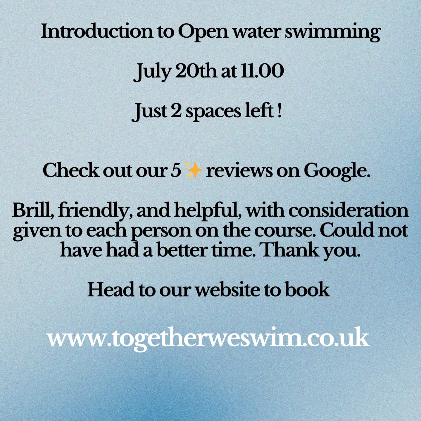 Introduction to Open Water Swimming at Burton Farm Cafe
We have just 2 spaces left on our Introduction to Open Water Swimming session at the beautiful Burton Farm Cafe! If you’ve been thinking about trying open water swimming, now’s your chance to join our growing community of swimmers taking the plunge, and loving it!
🗓 Session: 20th July at 11.00
📍 Burton Farm Cafe
⏱ Approx. 1 hour 15 minutes session
👥 All abilities welcome – beginners especially!
What you’ll get:
✅ Expert-led coaching in a safe, supportive setting
✅ Tuition on safety, equipment, technique, and confidence in open water
✅ A gentle introduction to cold water acclimatisation, and a swim with a small group of fellow swimmers
✅ A warm, friendly atmosphere — with the opportunity for great coffee and cake afterwards if you so wish !
🎟 Spaces are limited — book early to avoid disappointment!
To book: Togetherweswim.co.uk
Come for the swim, stay for the cake!
#OpenWaterSwimming #BurtonFarmCafe #SwimOutside #TrySomethingNew