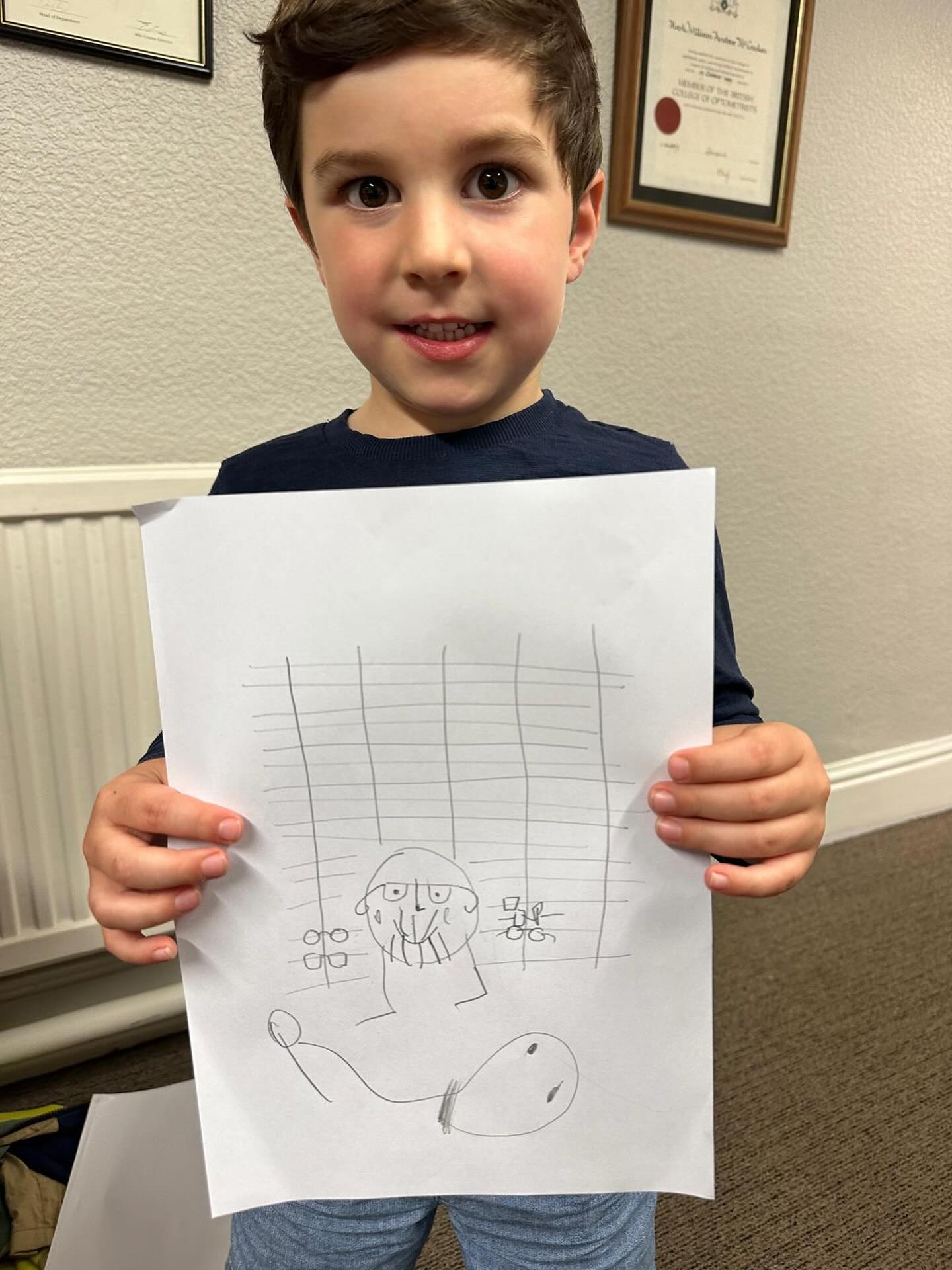 Rudy came to get his eyes tested today at @mccrackenopticians before he goes to big school! He has drawn a beautiful picture of Mark.
We think it is very lifelike, don’t you agree?
#childrenseyecare
#staffordshireopticians