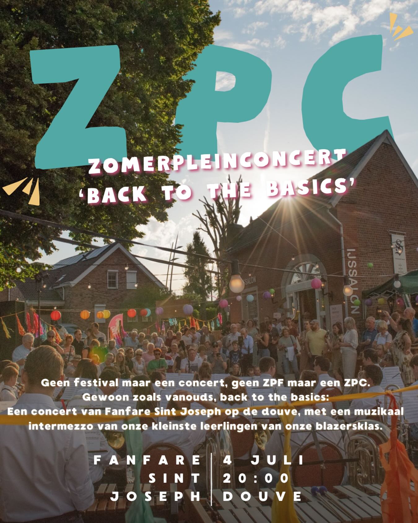 ๐ ZPC โ Zomerpleinconcert โBack to the Basicsโ ๐
Geen festival zoals de afgelopen twee jaar, maar weer een concert zoals vanouds. Gewoon omdat lekker gewoon ook wel weer eens fijn kan zijn ๐ถ
Terug naar de essentie, terug naar muziek, terug naar gezelligheid. ๐
Op 4 juli om 20:00 uur speelt Fanfare Sint Joseph op de Douve een sfeervol pleinconcert, met een bijzonder muzikaal intermezzo van onze jongste blazers! ๐บ
๐ Locatie: Op de Douve
๐
Datum: Vrijdag 4 juli
๐ Tijd: 20:00 uur
๐ฅ Toegang: gratis & gezellig!
Kom luisteren, geniet van de muziek en proef de zomerse sfeer in het hart van het dorp!
* Bij slecht weer wijken wij uit naar de Henkhof
