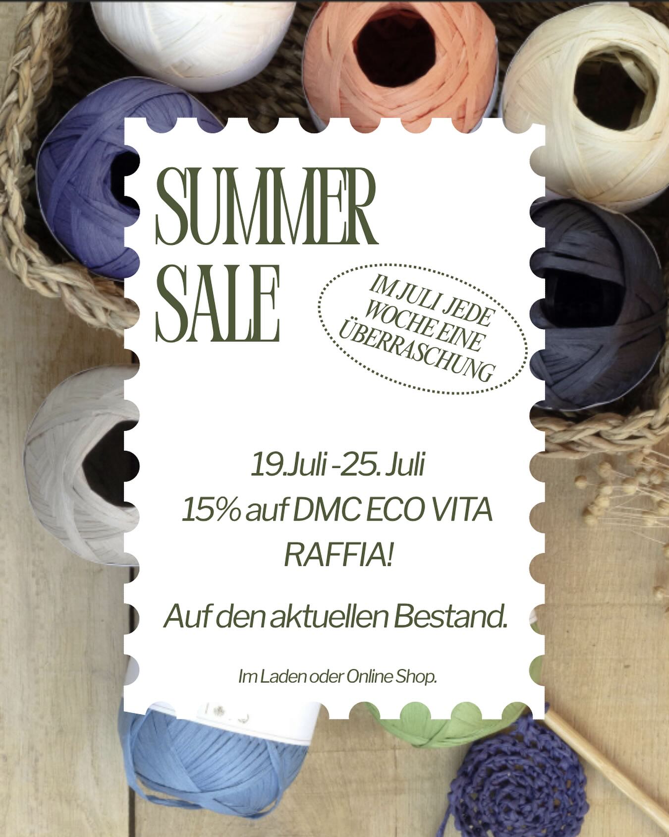✨ Die letzte Woche vor den Sommerferien – und damit auch die letzte Aktion! ✨
15 % Rabatt auf das Raffia-Garn von DMC!
Jetzt ist der perfekte Moment, um die Tasche oder den Hut zu häkeln, den du schon lange im Kopf hast. Vielleicht ja sogar die Picot-Tasche? 👜
Die Aktion gilt online & im Laden – nur bis Freitag!
Auch das Fibre Atelier ist noch bis Freitag geöffnet, danach geht’s in die Sommerpause.
Ich freu mich, euch nochmal zu sehen! ☀️
#raffia #dmc #häkeln #taschehäkeln #sommerprojekt #fibreatelier #häkelideen #häkelgarn #craftlover