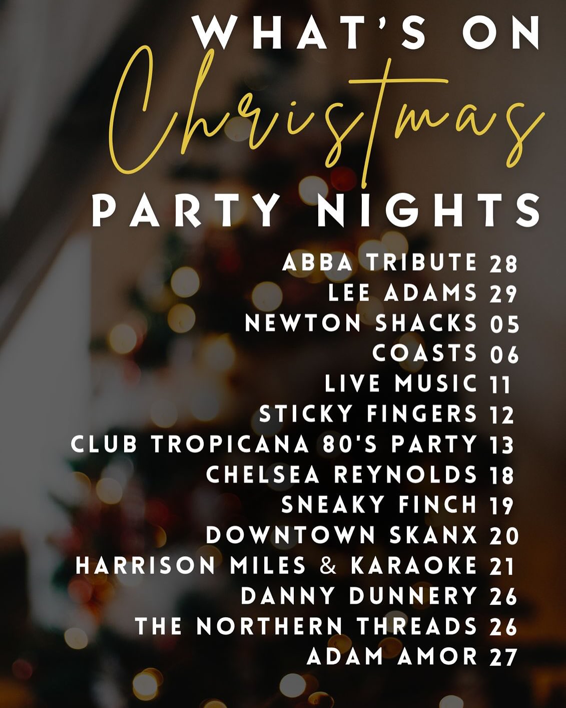 .
☃️🥂C h r i s t m a s P a r t i e s🥂☃️
We are taking bookings for Christmas party’s now!!!!
Free evening entertainment when booking on any of the dates shown🤩
There are a few options for your party.. from bottomless brunch to buffet
We can hold parties from 4 people up to 120 people
Private rooms and table bookings available, big or small!
Please don’t hesitate to drop us a message with any questions😊
📖To book:
📞 01946 691450
📥 instagram/Facebook
📧 bookings@theyellowearl.com