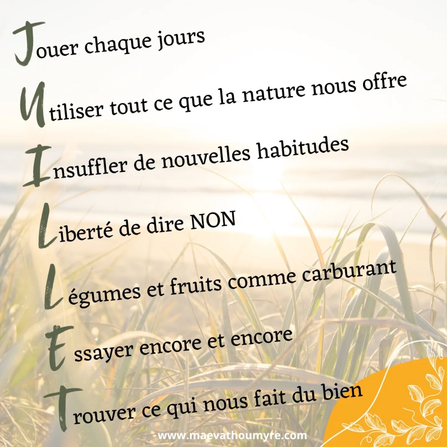 Doux mois de juillet à tous, ☀️
Qui dit juillet, dit été, sorties et parfois rythme trop intense. Si l’hiver nous invite à ralentir, l’été au contraire est une période où tout s’accélère.
Pourtant il est nécessaire de s’octroyer du temps pour soi, loin de l’agitation estivale.
Du temps pour ralentir, prendre soin de son corps et peut être de mettre en place de nouvelles habitudes.
Voilà comment je vois mon mois de juillet :
✨️Du rire chaque jour
✨️Profiter de l’abondance du jardin et du chant des oiseaux
✨️Prendre soin de moi au quotidien
✨️Continuer d’apprendre à ne rien faire
✨️Manger vivant et ajouter des super aliments dans mon assiette
✨️Toujours avancer
✨️Et faire de son mieux tous les jours
Mais avant toute chose, faire preuve d’autant de bienveillance envers soi même que l’on en a envers les autres 🙏
Et toi comment vois tu ton mois de juillet ?
Dis le moi en commentaire et partage cette publication si tu penses qu'elle peut faire du bien autour de toi.
A bientôt et prenez soin de vous 😘
#naturopathie #artdevivre #techniquesnaturo #mieuxetre #santenaturelle #changezvoshabitudes #soindesoi #naturopathieauquotidien #respiration #nutrition #alimentationsaineetequilibré #alimentationsante #conseilssante #consultationnaturopathie #maevathoumyrenaturopathie #naturo #naturopathedeuxsevres #vasles #parthenay #deuxsevres