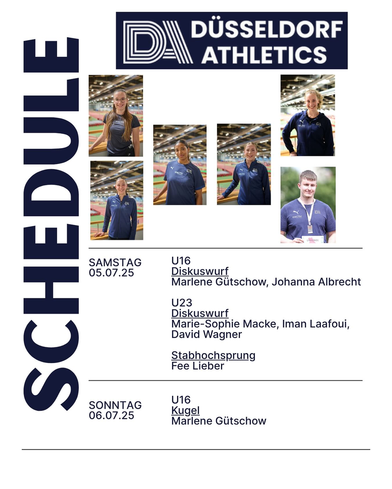 Deutsche Meisterschaften U16 & U23 ! 🇩🇪
An diesem Wochenende wird’s spannend in Ulm, denn dort finden die Deutschen Meisterschaften der U16 und U23 statt – und Düsseldorf Athletics ist mit 6 starken Athlet:innen am Start! 🏃♂️🔥🏃♀️
Unsere Talente haben hart trainiert, um sich mit den Besten Deutschlands zu messen – wir sind bereit! 💪💙
📍 Ort: Ulm
📅 Datum: 05.07/06.07.25
👟 Teilnehmer: U23 Marie-Sophie Macke, Iman Laafoui, Fee Lieber, David Wagner| U16 Marlene Gütschow, Johanna Albrecht
Lasst uns gemeinsam die Daumen drücken und unsere Athlet:innen lautstark unterstützen! 🙌
GO TEAM DA! 🖤❤️💛
#DüsseldorfAthletics #DMU16 #DMU23 #fasterhigherfurthertogether