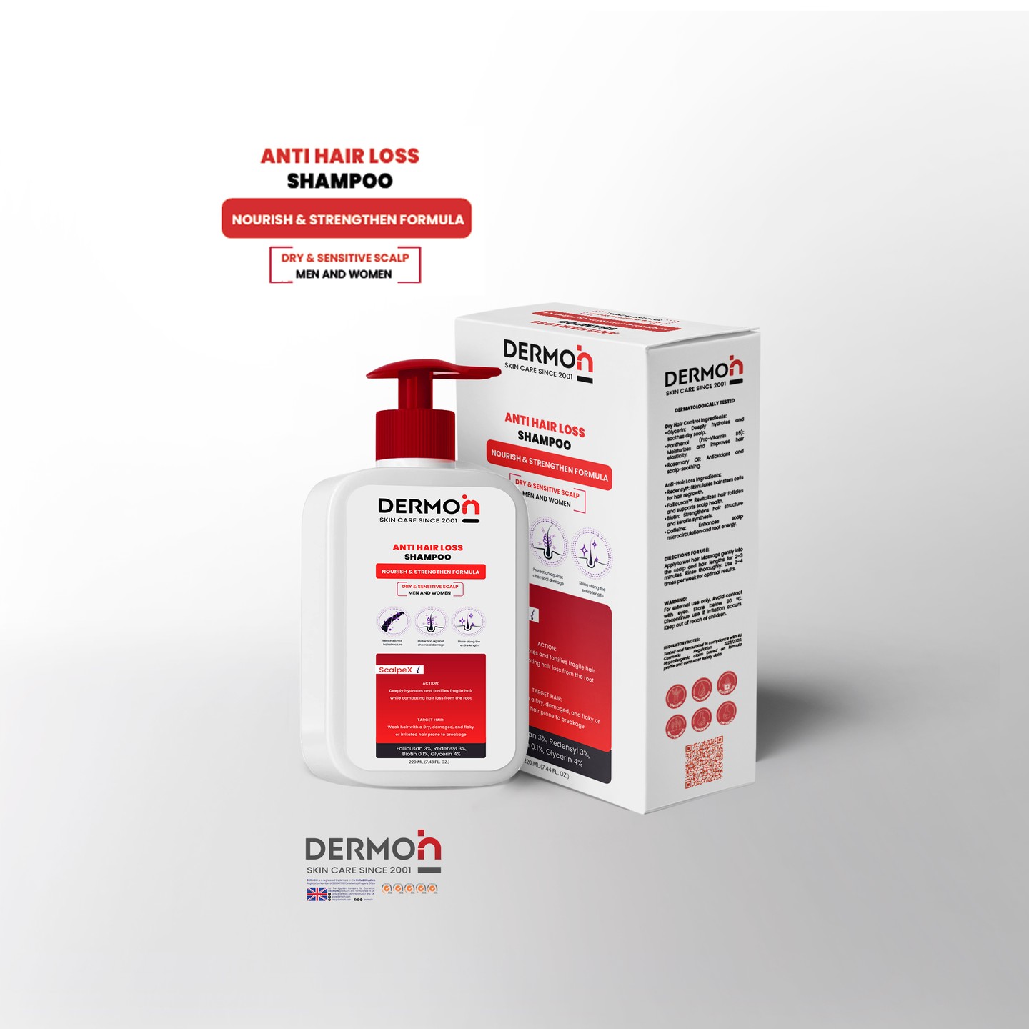 DERMOiN ANTI HAIR LOSS SHAMPOO DRY & SENSITIVE HAIR
DERMOiN ANTI HAIR LOSS Shampoo -
Dry & Sensitive formula: A gentle, nourishing shampoo specially formulated for men and women with dry and sensitive scalps. It strengthens fragile hair, soothes irritation, and supports scalp health while reducing hair loss and promoting thicker, stronger hair from the root.