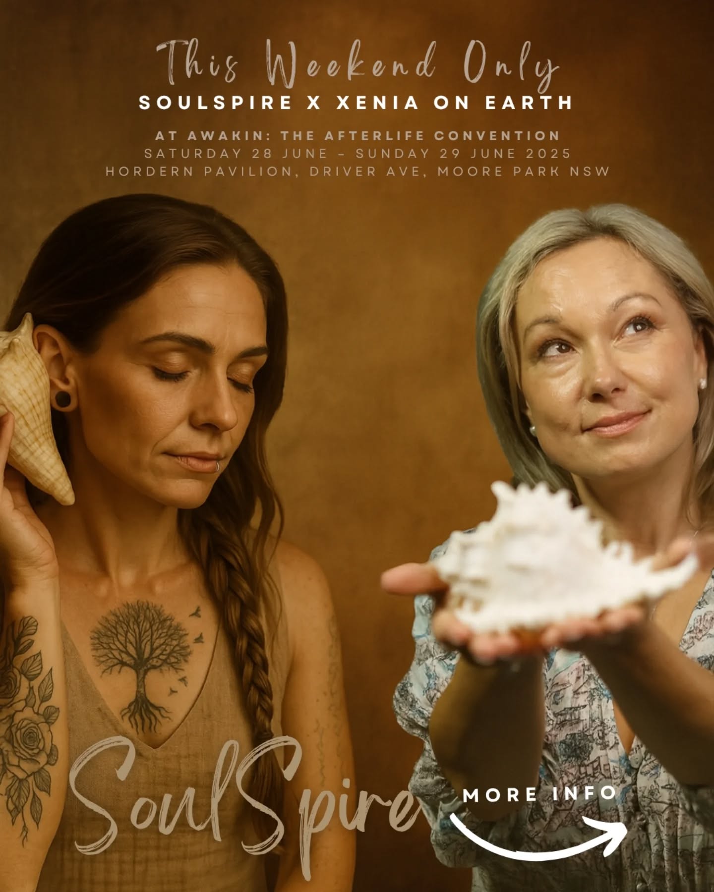 SoulSpire Healing x The Shell Oracle✨
We're so proud to bring you this sacred collaboration, weaving together the magic of intuitive healing, QHHT past life work, energy medicine, and sea-spoken shell wisdom all in one deeply grounded, high-vibe stall.
SoulSpire will be at Awakin: The Afterlife Convention (28–29 June) in Sydney. Kaia has worked with shell energy and sacred healing practices for years, and now we’ve joined forces to offer something truly special: a space for remembrance, reconnection, and real-time energy healing.
#SoulSpireHealing #XeniaOnEarth #AwakinSydney #TheShellOracle #ShellDivination #QHHT #PastLifeRegression #SpiritualHealing #ShellWisdom #EnergyHealing #OracleBook #KaiaAndXoe #SacredSupport #HolisticHealing #Psychometry #SoulWork #SeaMagic
