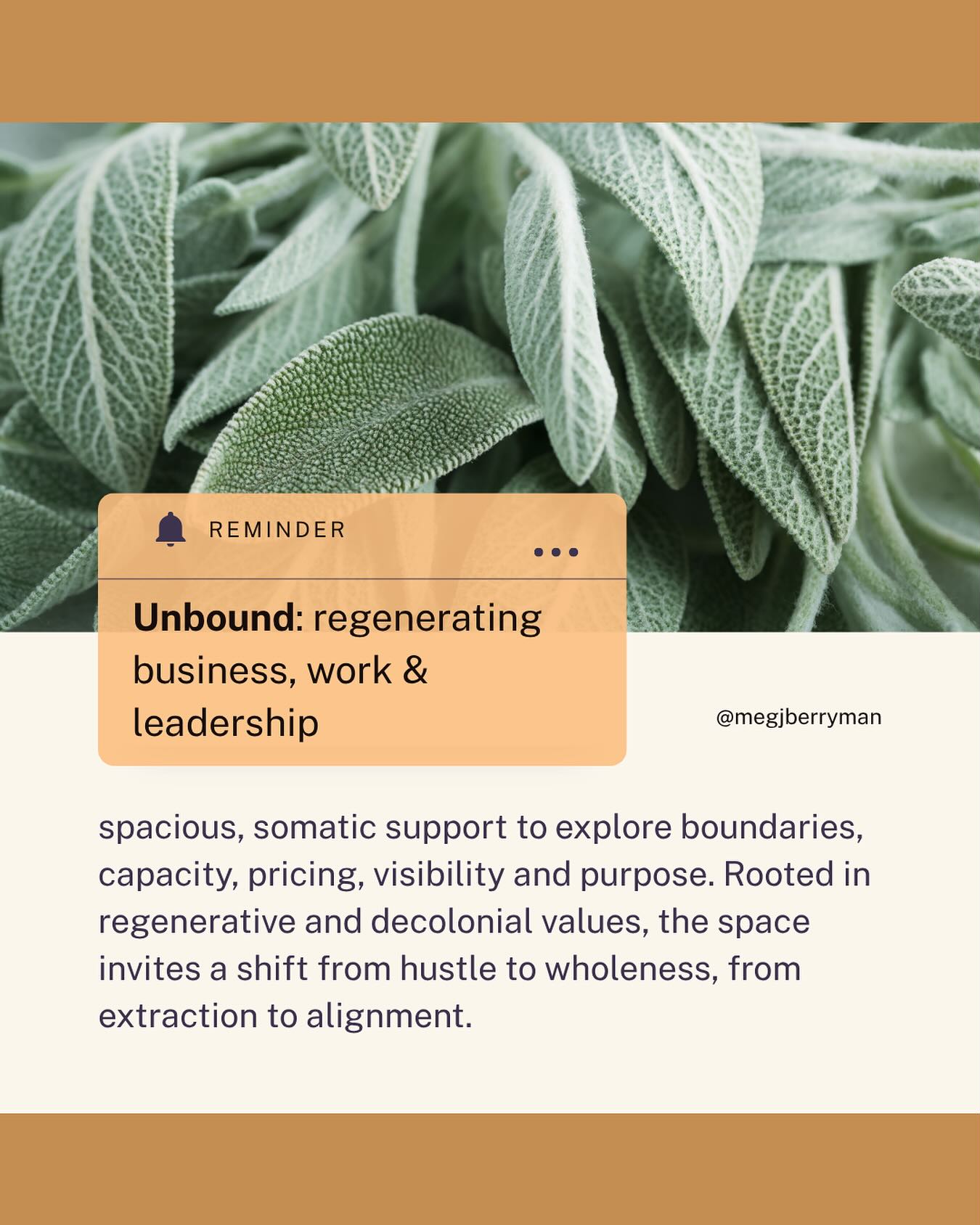 🍃5 months of regenerative business principles
🍃somatic practice
🍃reflection and storytelling among kin
A place to unlearn, reconnect with the truth in your bones - and find an orientation to business that feels more in service of life.
Couple of spots left - we start Friday @megjberryman