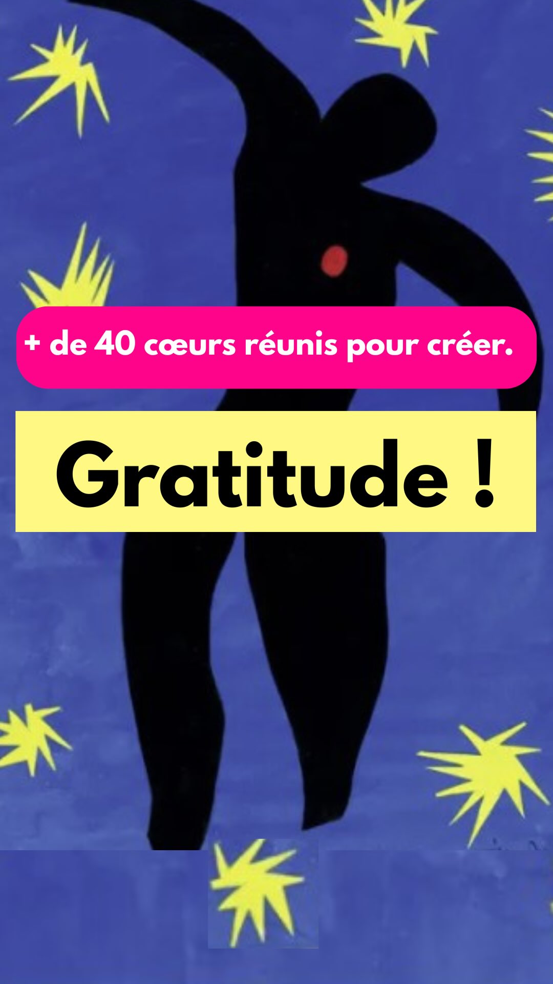 Ça gratte, ça secoue… et maintenant tu dis merci ?
Après le format « Flash d’art-thérapie », pour montrer comment l’art peut dire l’indicible.
Après le format « Réveilles-toi », pour bousculer, secouer, réveiller.
Voici le format « Gratitude ».
Un format pour dire merci.
À toi.
À vous.
À la vie.
Parce qu’il y a dans chaque geste de création un souffle de courage,
et dans chaque rencontre, une parcelle d’humanité qui mérite d’être honorée.
👉Hier, j’ai accompagné par la création.
Plus d’une 40 de personnes réunies autour d’un geste. D’une intention. D’un besoin.
C’était profond. C’était courageux.
Matisse disait :
« Il faut du courage pour créer. »
Et dans le mot courage, il y a cœur.
Merci à celles et ceux qui osent plonger.
Qui accueillent ce qui tremble, ce qui bouge, ce qui appelle.
Merci pour votre confiance.
Merci pour votre sincérité.
Merci d’oser ce chemin.
Créer, c’est s’offrir un espace de vérité.
Et ça, c’est immense.