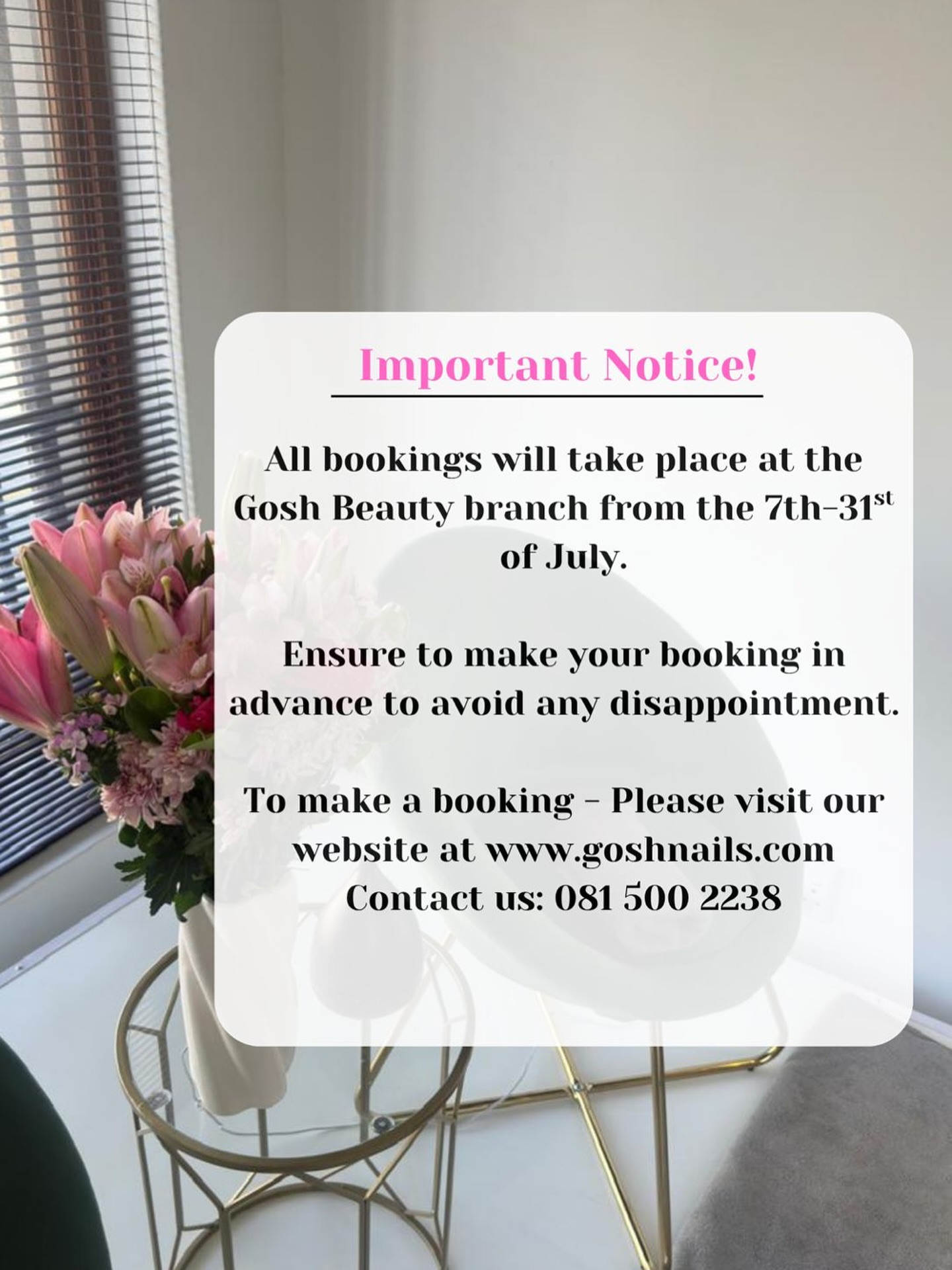 Hi ladies just a small reminder our Gosh Nails branch is currently closed for university holidays .
All appointments shall take place at the Gosh Beauty branch 💅🏻.
To book your nail appointment contact our :
Business whatapp nr : 081 500 2238
-
-
-
-#nails #stellenbsoch #goshnails #pintrestnails #stellenboschnails