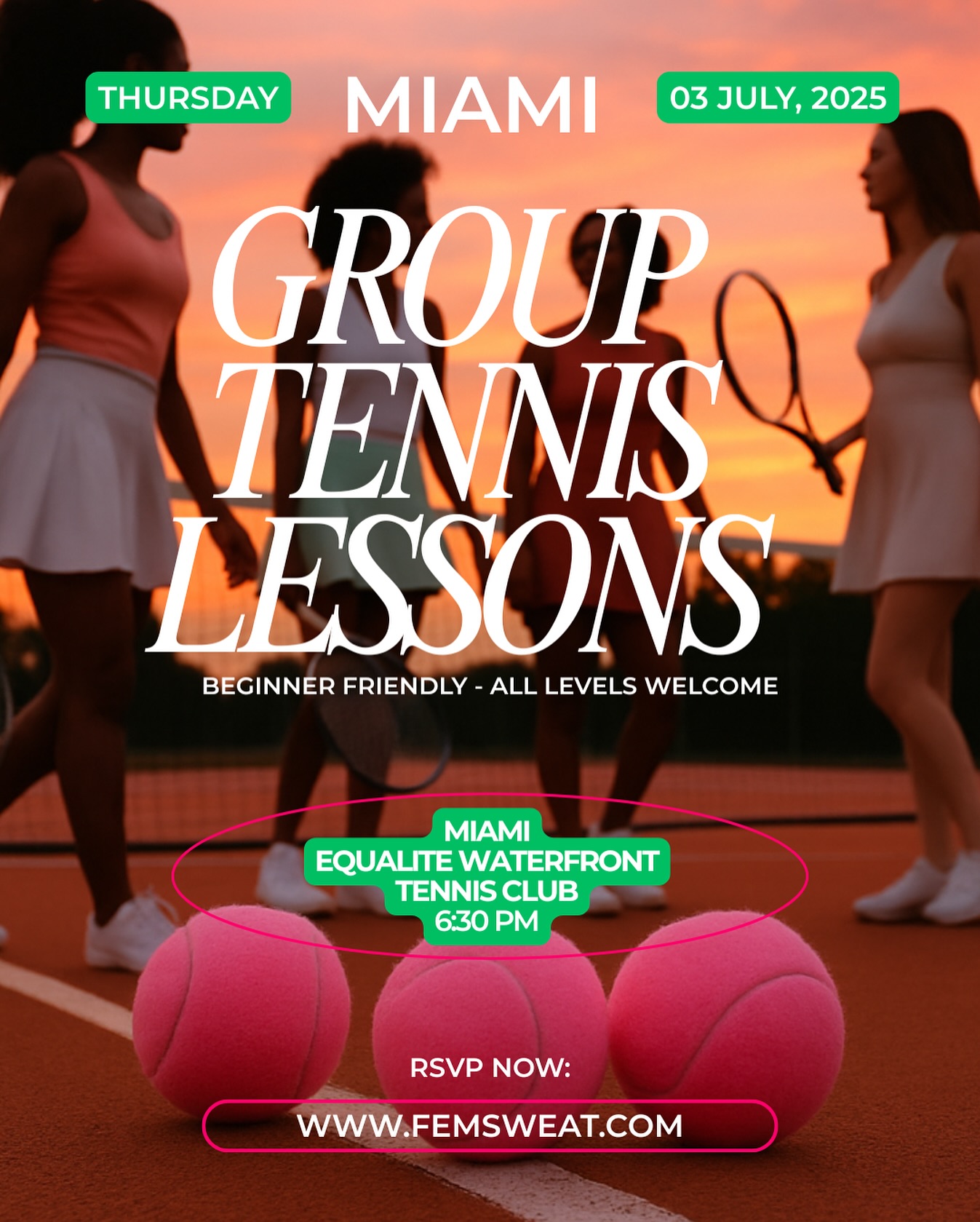Serving up Miami vibes this Thursday 🎾☀️ Join us for group tennis lessons with coach @tenniswithneesha at Equalité Waterfront Tennis Club, beginner-friendly, good energy, and even better views. 🌊
📍 6:30 PM
🎾 No experience needed
🌐 RSVP (link in bio)
#femsweat #miamitennis #tennislessons #tennis #tennisclub #miamitennisclib #miamitennislessons