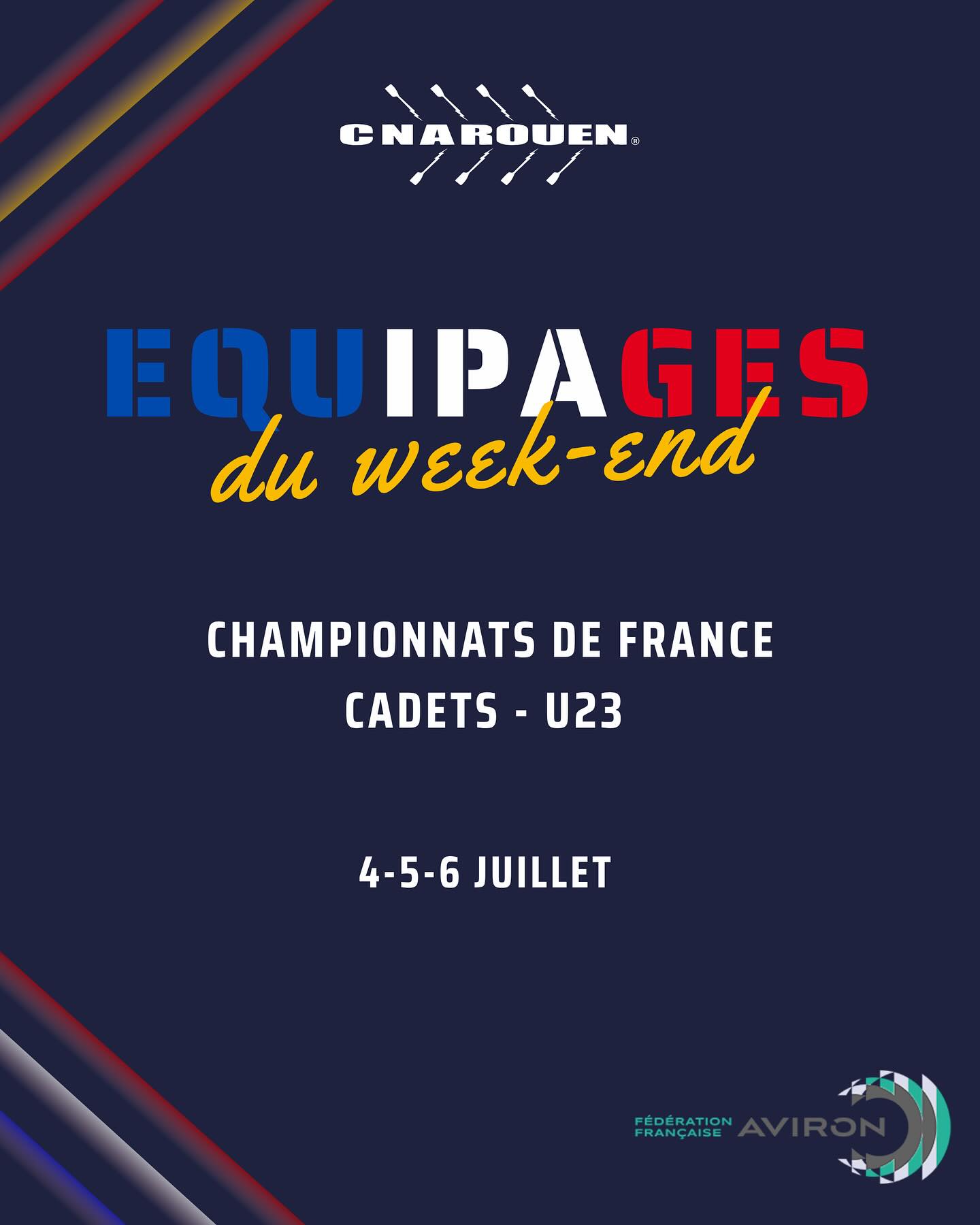 🔴🟡🔴
Championnats de France Cadets & U23 2025 ⚡️
Le CNARouen sera représenté par cinq équipages ambitieux 💪 Bonne chance à nos rouennais engagés, que la force soit avec vous 🚣💨