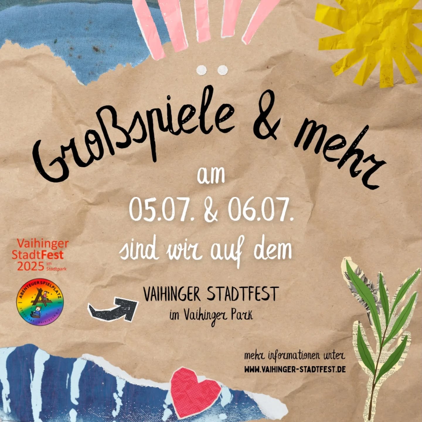 Vom 04.07. bis 06.07. steigt das @vaihingerstadtfest im Vaihinger Park! 🌳🎶
Und wir sind natürlich auch mit dabei! 🙌
Am 05.07. & 06.07. findet ihr uns mit einem Stand direkt vor Ort – mit dabei: unsere Großspiele 🎯 und noch einiges mehr zum Mitmachen, Entdecken und Spaßhaben! ✨
Kommt vorbei, sagt Hallo und verbringt eine gute Zeit mit uns! 💛
#abenteuerspielplatz #stuttgart #vaihingen #vaihingerstadtfest2025