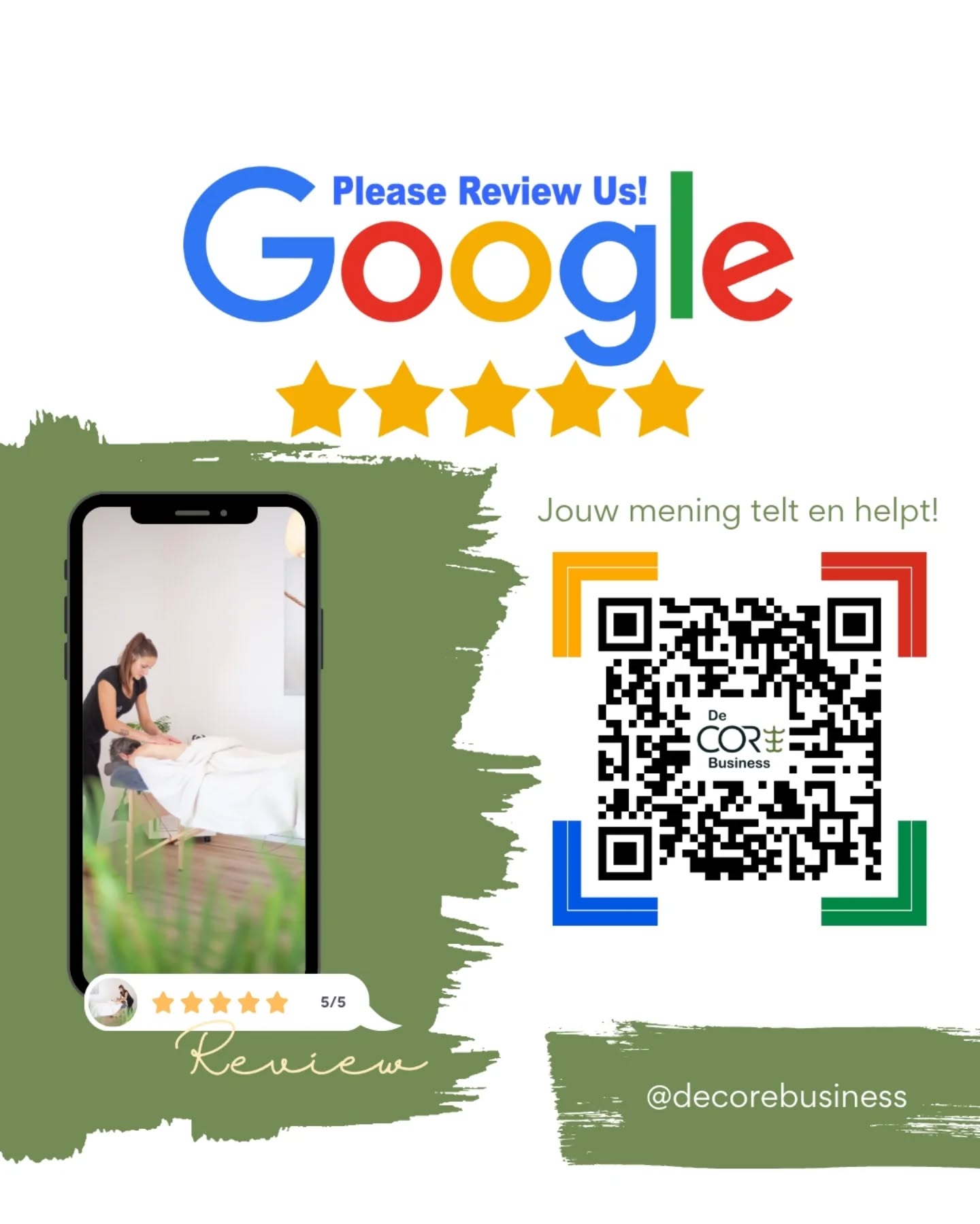 Tevreden van onze service? Jouw mening telt en helpt ons vindbaar te maken op Google! Geef je 5 sterren? Toon het bij je volgende aankoop (actie eenmalig geldig) en je krijgt 5 euro korting op je volgende/ huidige (nog te verrekenen) aankoop.
LINK IN BIO
š§info@decorebusiness.be
š»www.decorebusiness.com
šonline / Begoniastraat 34 te Oostkamp
#core #decorebusiness #groupfitness #groupclasses #pilates #oostkamp #googlereview #google #massagereview #massage #massageoostkamp