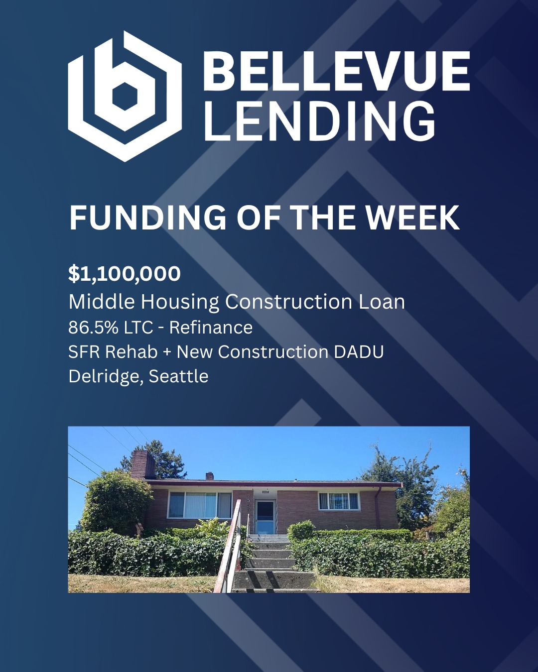 Funding of the Week
$1,100,000
Middle Housing Construction Loan
Delridge, Seattle
A repeat Bellevue Lending borrower purchased this 2,200 sqft SFR on a desired 6,765 sqft corner lot in Delridge neighborhood in Seattle. This property is perfect for a new build DADU in the back due to being a corner lot. We approved at purchase a low 10% down payment for a quick close bridge loan to bridge to permit due to the experience of the borrower in getting permits fast.
He received the DADU Seattle permit in 91 days and we immediately refinanced/paid off the bridge loan and added
1) $220k for the SFR rehab
2) $300k to build the Seattle pre-approved Erez floorplan for a $520k reimbursement line/holdback.
This $1.1M total customized 1 year Middle Housing Construction loan provides plenty of time to build the (~4 month build) DADU and rehab the SFR in 2025, then list and sell them separately for a goal of a total of $1.75M for both units in early 2026!
With our fast draw streamlined construction loan process, the borrower anticipates to get this Middle Housing Seattle strategy executed in less then 10 months from original acquisition date.
Give 👇 us a call to get your WA Middle Housing construction loan customized for your specific multi unit project!
425-999-4480
Sales@bellevuelending.com
www.bellevuelending.com
#repeatborrower
#middlehousing
#daduconstruction
#constructionloans
#buildmoresupply