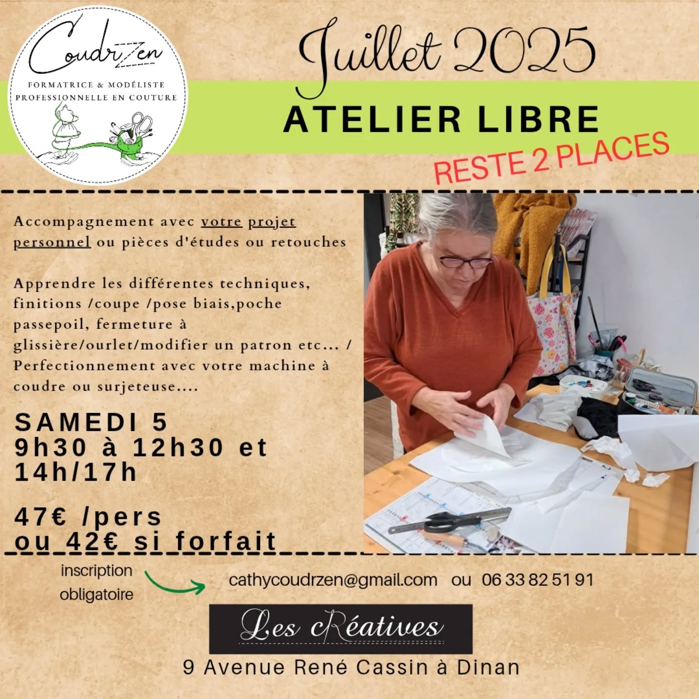 Profitez des derniers ateliers libres de l'été avant septembre ! Il reste 1 place le matin et l'après-midi.
Contactez moi au 06 33 82 51 91 ou cathycoudrzen@gmail.com