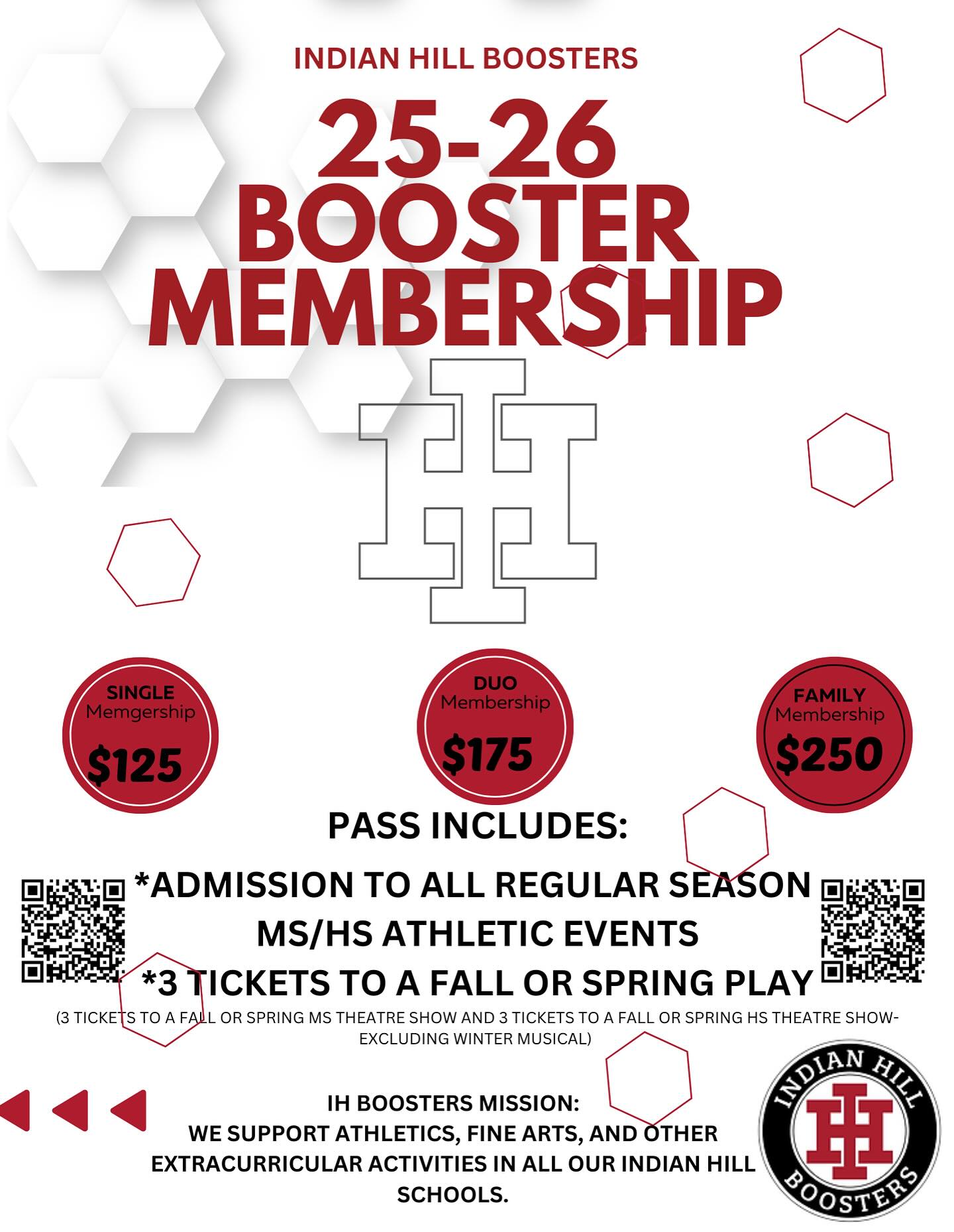 2025/26 Booster Memberships are now OPEN ~ Entry to all regular-season home IHMS and IHHS sporting events 🏈⚽️⚾️🏀🏐
~ Three complimentary tickets to one IHMS and one IHHS theater production. (excludes the IHHS winter performance.) 🎭
Opportunities to win a Booster Boost throughout the year❗️ Single, double, and family memberships are available:
Single - $125
Duo - $175
Family up to 6 members - $250
+ $3 fee per member and processing Click the link in our bio Thank you for all your support❕