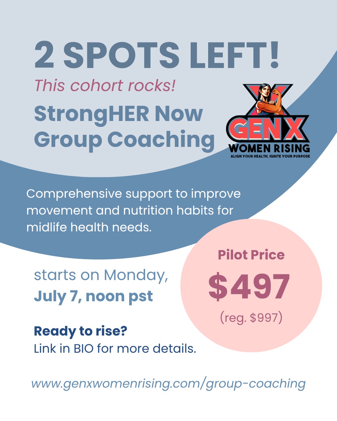 🚨 Just 2 Spots Left!
If you’ve been thinking about joining this round of group coaching—now’s the time. We start Monday, and there are just two spots left.
This group is for Gen X women who are ready to feel stronger, more energized, and more clear-headed this season (yes, it’s possible—even in midlife, and even in SUMMER!)
We’re not chasing skinny—we’re building strength, clarity, and momentum.
✨ Weekly coaching
✨ Smart, doable strategies
✨ Real talk + real support
Send me a DM if you want one of the last two spots. Let’s go. 💥