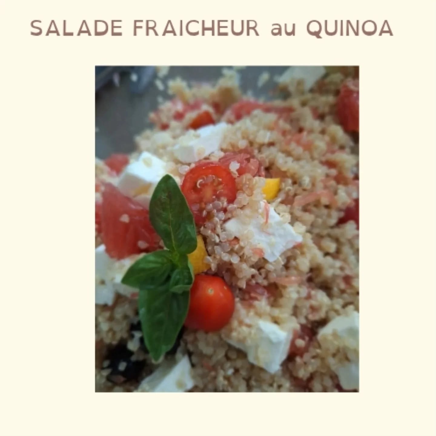 Ingrédients pour une famille :
120 g de quinoa cru
1 pomelo
100 g de tomates cerises
1 petite boîte de maïs doux
100 g de feta
Assaisonnement :
Le jus d'un citron
2 cuillères à soupe d'huile de colza
1 cuillère à café de moutarde
Pour le décor :
Quelques olives noires
et feuilles de basilic
Petit conseil :
Cuire "al dente" le quinoa et bien l'égoutter.