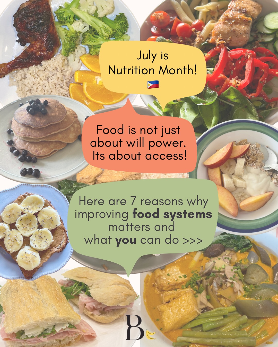 When I work with my clients, I always think about how important the food system is, and how nutrition is tied to the overall development of our country.
You can’t expect people to “eat better” if:
🚫 Healthy food is too expensive
🚫 They live far from a grocery
🚫 They don’t have time to cook after working two jobs
🚫 They don’t have a fridge or a safe place to store or prepare food
🚫 They never learned how to cook, shop for food, or lack nutrition education
This is why food security matters. Because until everyone has consistent access to affordable, nutritious food, telling people to “just be disciplined” or “just eat healthy” is unhelpful and pretty unfair.
This year’s Nutrition Month subtheme is:
Food at Nutrition Security, Maging Priority! Sapat na Pagkain, Karapatan Natin!
(Food and nutrition security must be a priority! Access to sufficient food is our right!)
It’s true that our food and nutrition landscape can be challenging—modern life leaves little time to cook, and accessibility is limited, especially with gaps in agricultural policy.
As regular citizens, there are still ways we can help. Supporting better nutrition, food security, and accessibility affects not just individual health, but the future of our country. At the very least, we can keep the conversation going, especially this #nutritionmonth 💙🇵🇭