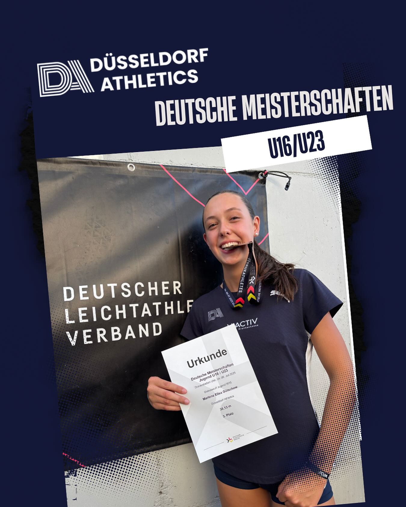 🏆 Deutsche Meisterschaften U16 & U23 in Ulm 🏆
Ein starker erster Tag für unsere Athletinnen und Athleten von Düsseldorf Athletics! 💪🔥
🥉 Marlene Gütschow gewinnt Bronze im Diskuswurf (W15) mit einer starken Serie. Ihr bester Wurf landete bei 38,13 m! Morgen greift sie im Kugelstoßen nochmal an – wir drücken die Daumen! 💥
👏 Johanna Albrecht präsentierte sich bei ihren ersten Deutschen Meisterschaften stark und belegte Platz 18. Sie sammelte wertvolle Erfahrungen für die Zukunft!
🥵 Im spannenden Diskus-Finale der U23 trennten Rang 1 und 5 nur ein knapper Meter!
💪 Marie-Sophie Macke wurde mit 51,16 m Fünfte,
🔁 Iman Laafoui landete mit 42,02 m auf Rang 11.
😔 David Wagner konnte seine Würfe leider nicht im Ring halten und blieb ohne gültigen Versuch – Kopf hoch, David, das nächste Mal läuft’s besser!
🎉 Im Stabhochsprung der WJU23 übersprang Fee Lieber solide 3,60 m und sicherte sich Platz 10.
Wir sind stolz auf euch! 🔵⚪ Weiter geht’s – #TeamDüsseldorf #DüsseldorfAthletics #DMUlm #Leichtathletik #NachwuchsPower #fasterhigherfurthertogether #germanyathletics