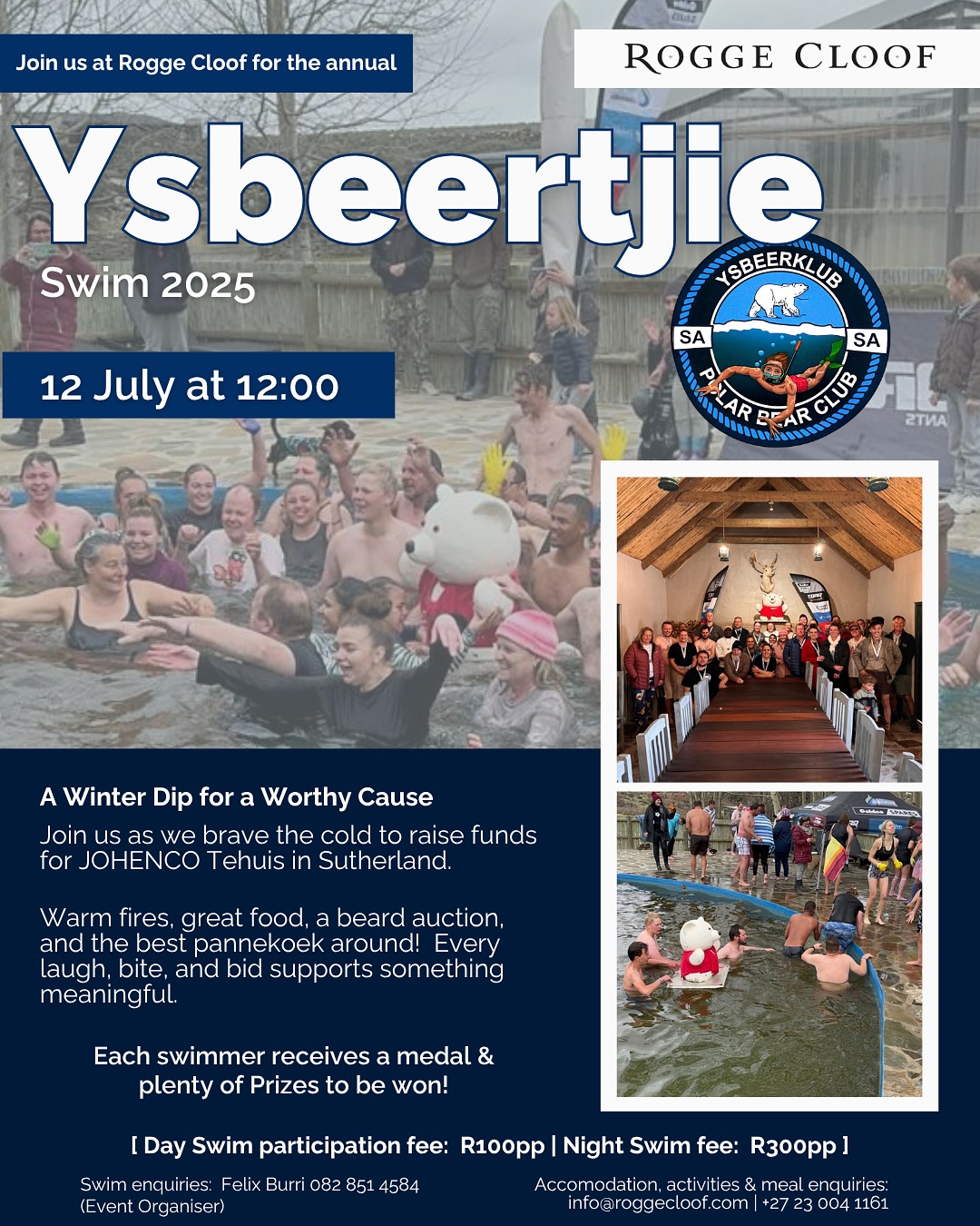 It’s that time of year again… our annual Ysbeertjie Swim is around the corner, and we’re diving in for a good cause!
Join us on 12 July for an icy splash to raise funds for Johenco Tehuis in Sutherland.
Expect 6°C water, big laughs, and plenty of heart. After the swim? Warm fires, hot drinks, the best pannekoek from the Johenco ladies, a beard auction, prizes, and all-round good vibes.
Whether you’re swimming or just soaking it all in come be part of something special.
Event organised by @polar_swim
Participation fees: R100 pp for day swim / R300 pp for night swim
Proceeds go to Johenco Tehuis.
Contact Felix (082 851 4584) for swim enquiries, or get in touch with us if you’d like to stay over, join one of our activities or have any questions.
#luxuryecotravel #darkskyreserve #travelsouthafrica #karoo #karoolife #karooaccommodation #hikingadventures #hikingsouthafrica #cheetahconservation #cheetah #sustainabletravel #stargazing #astrophotography #sutherland #astronomylover #wideopenspaces #natureescape #nightphotography #nightsky #astronomy #thisissouthafrica