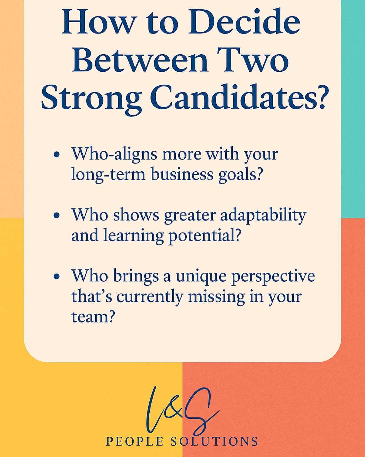 How to decide between two strong candidates?š¤
Choosing between two exceptional candidates can be one of the toughest calls in recruitment. When both tick the boxes technically and culturally, the differentiators often lie in the intangibles. Ask yourself:
1. Who aligns more with your long-term business goals?
2. Who shows greater adaptability and learning potential?
3. Who brings a unique perspective thatās currently missing in your team?
At L&S People Solutions, we help businesses go beyond the CV ā evaluating candidates holistically to ensure the right fit for your future, not just your vacancy. With our global recruitment expertise and tailored approach, we guide our clients in making confident, strategic hiring decisions.
š¼ Need help navigating a tough hiring choice? Get in touch today.
#Recruitment #HiringDecisions #PeopleSolutions #LandSRecruitment #GlobalTalent