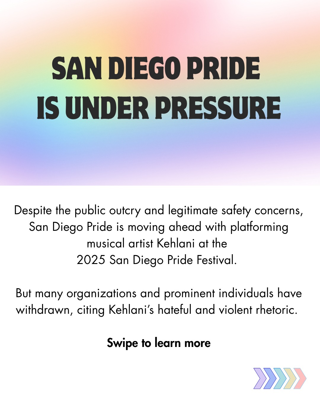 🚨 Pressure is mounting on @sandiegopride to drop Kehlani, an artist who has repeatedly amplified violent, antisemitic rhetoric, from headlining this year’s Pride Festival.
Despite UCSD, Mayor Todd Gloria, and others pulling their support, Pride organizers are brushing aside serious safety concerns and doubling down on Kehlani.
🛑 Antisemitism has no place at Pride.
📣 Keep speaking out. Keep the pressure on.