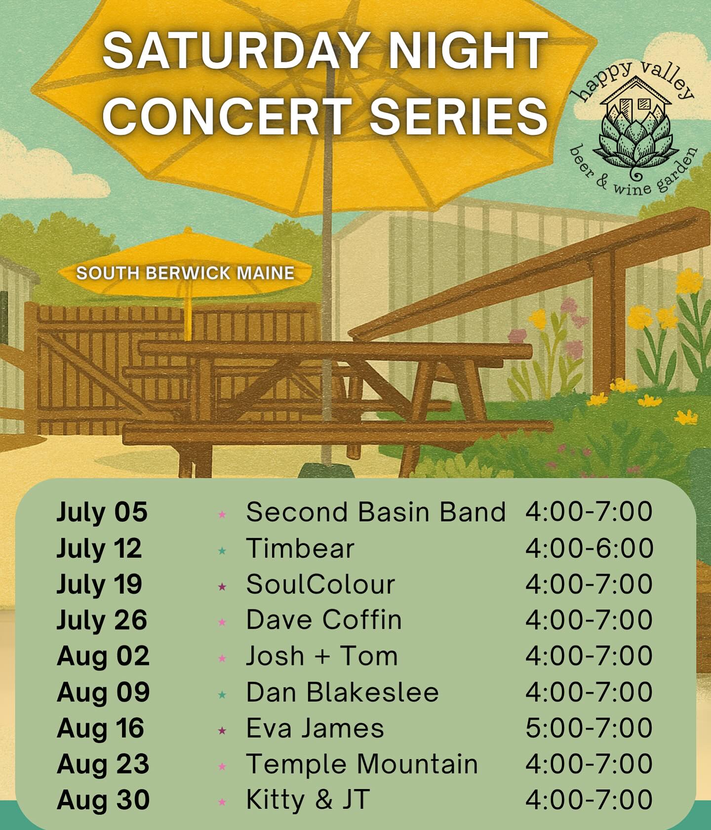 Mark your calendarsâJuly and August are stacked! đ¶
.
.
.
#happyvalley #southberwickmaine #localmusic #livemusic #drinklocalbeer #getoutside #rollinsfordnh #portsmouthnh #dovernh #bostonma #portlandme #seacoastliving #seacoastlately #seacoastmusicscene