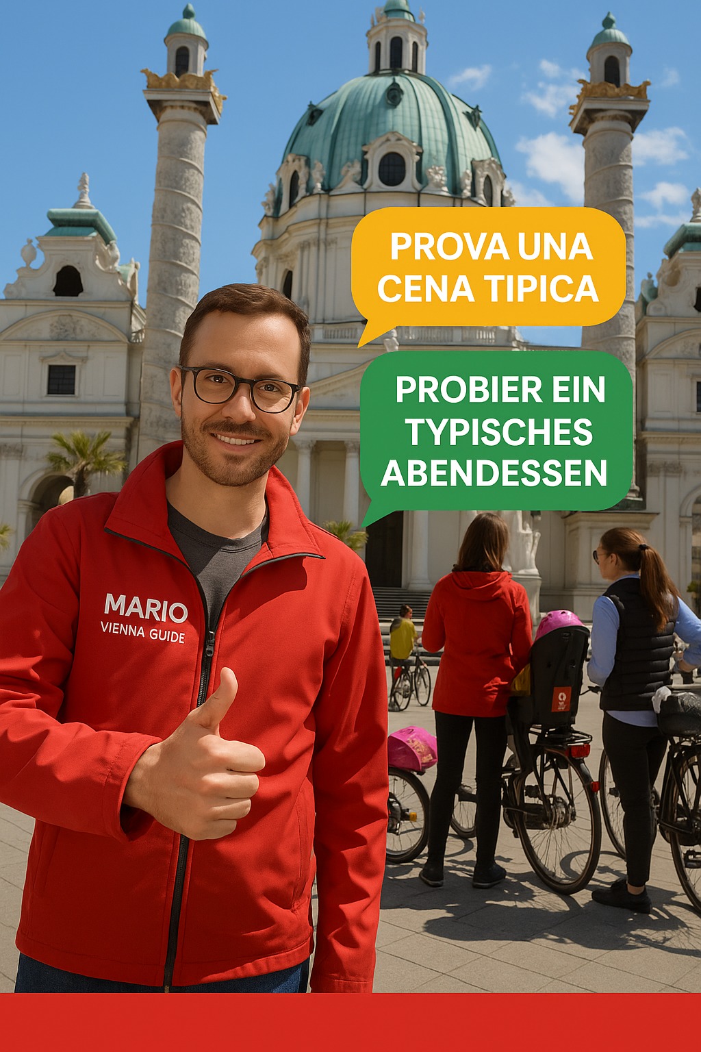 Vienna senza stress: i consigli di Mario!
Sai dove lasciare la bici in centro? O come prenotare una visita guidata in italiano senza costi nascosti? 😉
Piccolo tip: i nostri free tour partono ogni giorno da Neue Markt – perfetti per scoprire Vienna con una guida locale e risparmiare tempo! Scopri anche le FAQ sul sito per tutte le dritte pratiche.
Prenota il tuo posto ora su www.marioviennaguide.com!