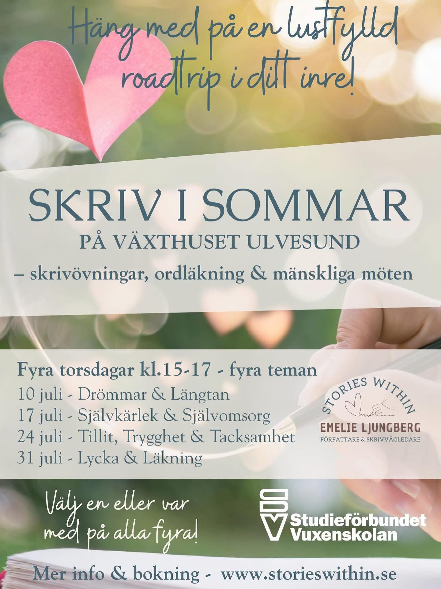Häng med på en lustfylld roadtrip i ditt inre!
✍️Välkommen på skrivworkshop i Ljungskile i sommar. Fyra torsdageftermiddagar i juli på @vaxthusetulvesund Du kan vara med på ett tillfälle, eller på alla fyra. (Drop-in på i mån av plats - boka nu för att säkert få plats).
Vi utgår från ett tema och startar varje tillfälle med en uppvärmningsövning. Jag läser en text, spelar en låt eller visar en bild och du skriver utifrån vilka känslor och tankar som väcks i dig.
Jag varvar sedan skrivövningar med korta reflektioner kring det aktuella temat och vi samtalar kring vad som uppkom ur skrivandet och hur det kändes. Innan vi avslutar får du också med dig en mindfulnessövning och en skrivövning att ta med dig ut i sommarkvällen.
Fokus i expressivt skrivande ligger inte på texten utan på skrivprocessen - vad som händer i oss när vi skriver. Du behöver inga förkunskaper, du behöver inte ha skrivit tidigare och du behöver inte läsa upp det du har skrivit (om du inte gärna vill förstås).
Välkommen på en kreativ och inspirerande workshop med fokus på att använda expressivt skrivande som ett sätt att stanna upp och lyssna inåt.
Läs mer och boka via länk i bio @storieswithin.se
10 juli 15-17 - Drömmar & längtan
17 juli 15-17 - Självkärlek & självomsorg
24 juli 15-17 - Tillit & tacksamhet
31 juli 15-17 - Lycka & läkning
I samarbete med @sv_vast
#skrivkurs #skrivarkurs #skrivdiginåt #ljungskile #ulvesund #uddevalla #läkandeskrivande #expressivtskrivande #reflekterandeskrivande ##skrivworkshop