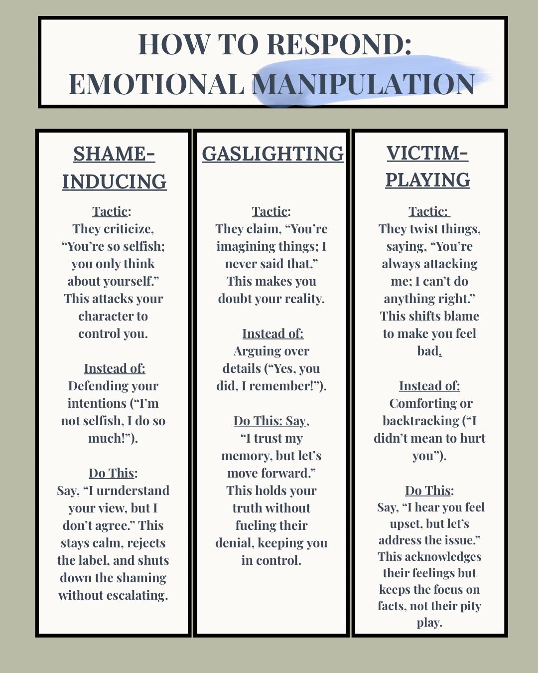 🌟 Empower yourself with understanding! This guide offers strategies to respond to emotional manipulation tactics like shame-inducing, gaslighting, and victim-playing. Embrace your strength and maintain control. 💖 for more tools follow. #EmotionalIntelligence #Empowerment #HealthyRelationships #ProfessionalGrowth