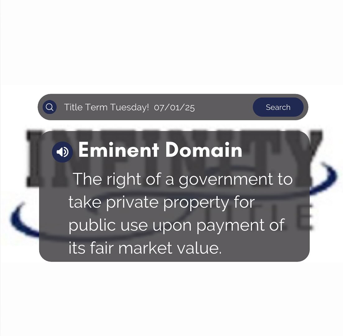 It's the first Title Term Tuesday of the month! Let's start this month with a great term. Today's term is Eminent Domain -- The right of a government to take private property for public use upon payment of its fair market value.