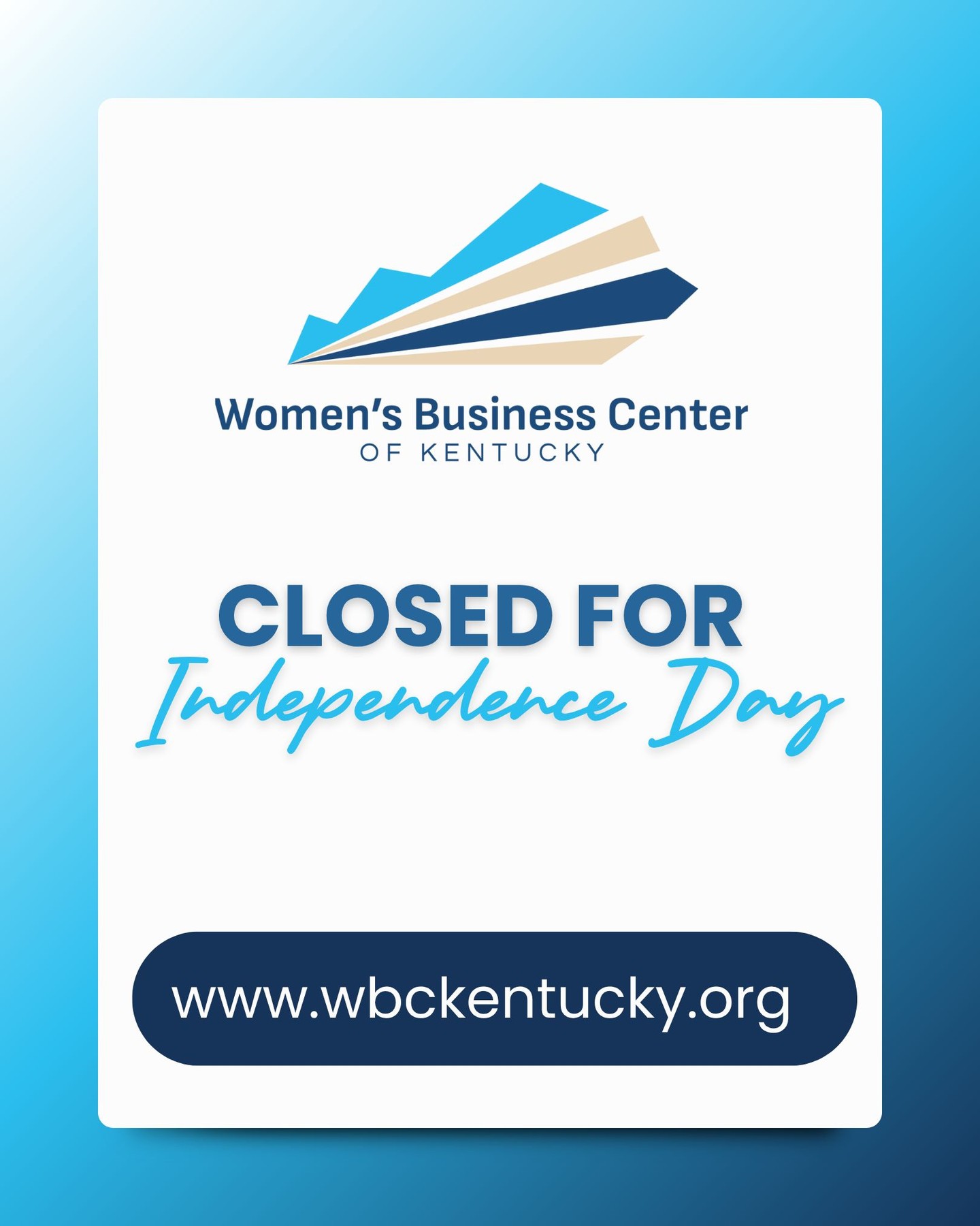 Our offices are closed Friday, July 4th.
The Women’s Business Center of Kentucky will reopen on Monday, July 7th and we look forward to continuing to uplift the small business owners across the Commonwealth.
#IndependenceDay #CVKY #WBCKY #FourthofJuly #WomenOwnedBusiness"
