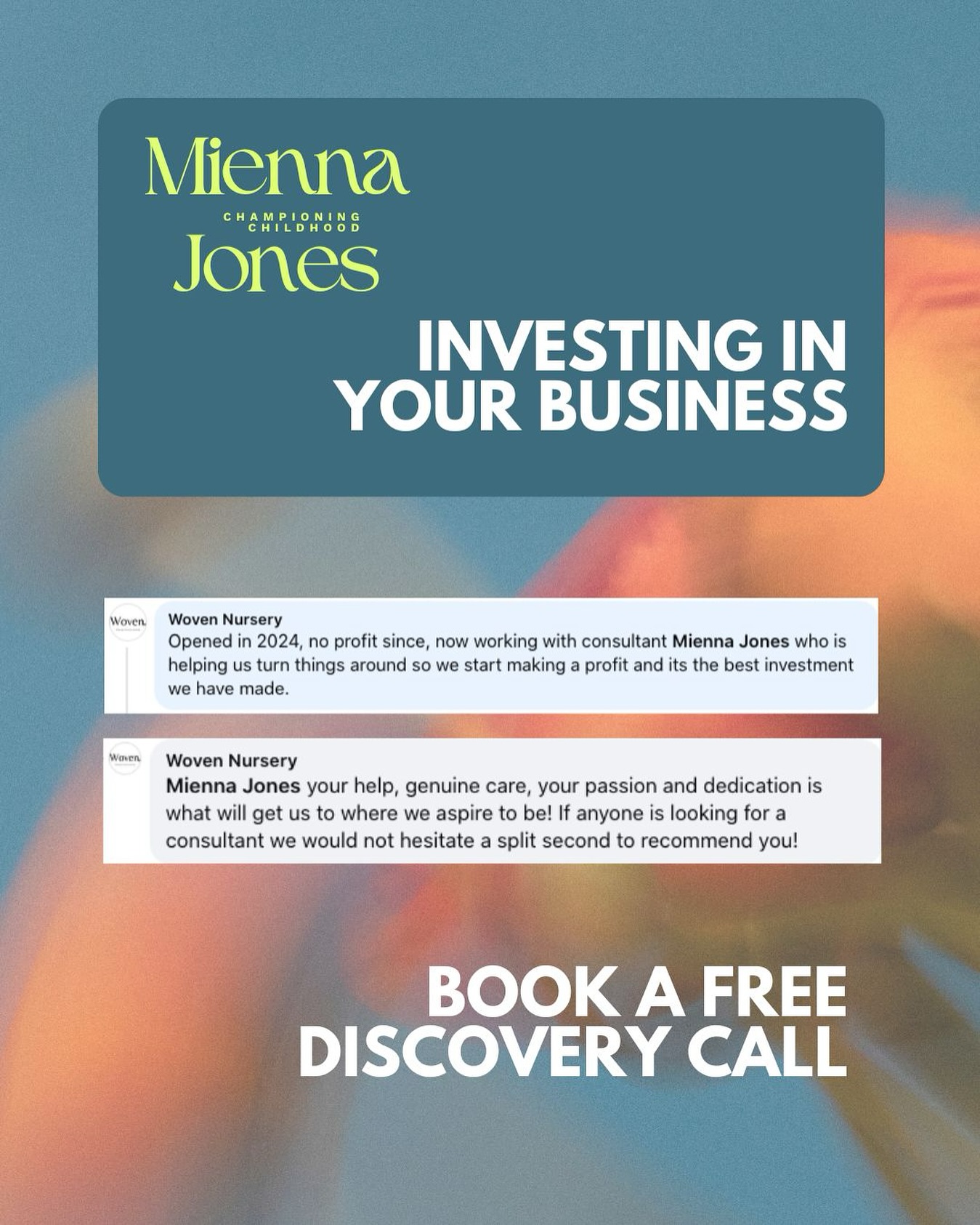 Thinking about taking your early years setting to the next level?
Investing in a consultant isn’t an expense - it’s an accelerator.
With 30+ years in the sector, I help early years settings boost quality, confidence, and sustainability. Whether it’s staff training, audits, or simply seeing your setting with fresh eyes, consultancy can unlock the change you’ve been waiting for.
“Opened in 2024, no profit since, now working with Mienna Jones who is helping us turn things around so we start making a profit and it’s the best investment we have made.” Woven Nursery, Henley.
Let’s talk about how to future-proof your practice and reignite your passion. Email to book a free discovery call today!
hello@miennajones.com
✨
#EarlyYearsConsulting #InvestInYourBusiness #MiennaJones #QualityCareStartsHere