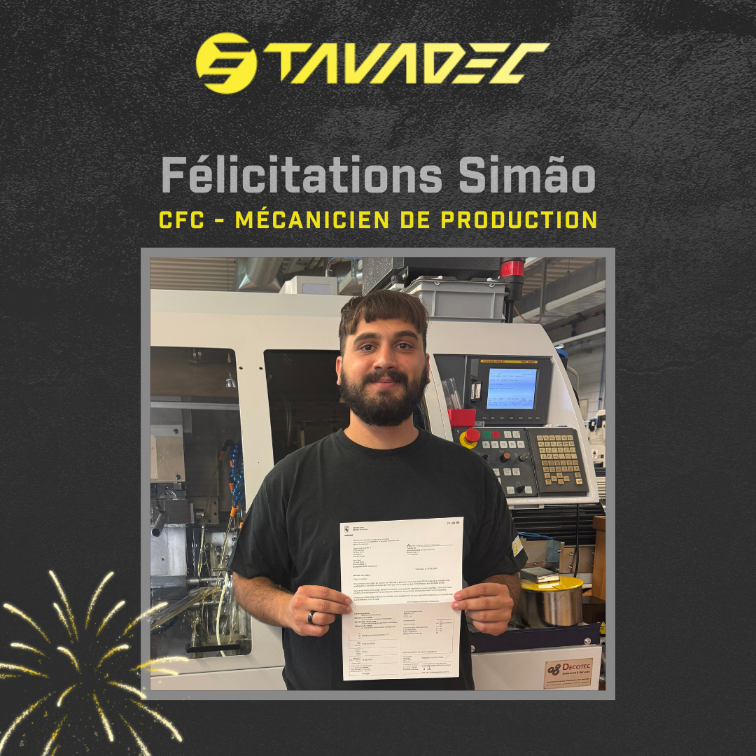 CFC - MÉCANICIEN DE PRODUCTION
🎉 Félicitations à Simão pour l'obtention de son CFC de mécanicien de production, option décolletage !
Nous lui souhaitons le meilleur dans la poursuite de sa carrière professionnelle et le remercions pour le travail accompli. 👏
#tavadecsa #CFC #mecaniciendeproduction #apprentissage
