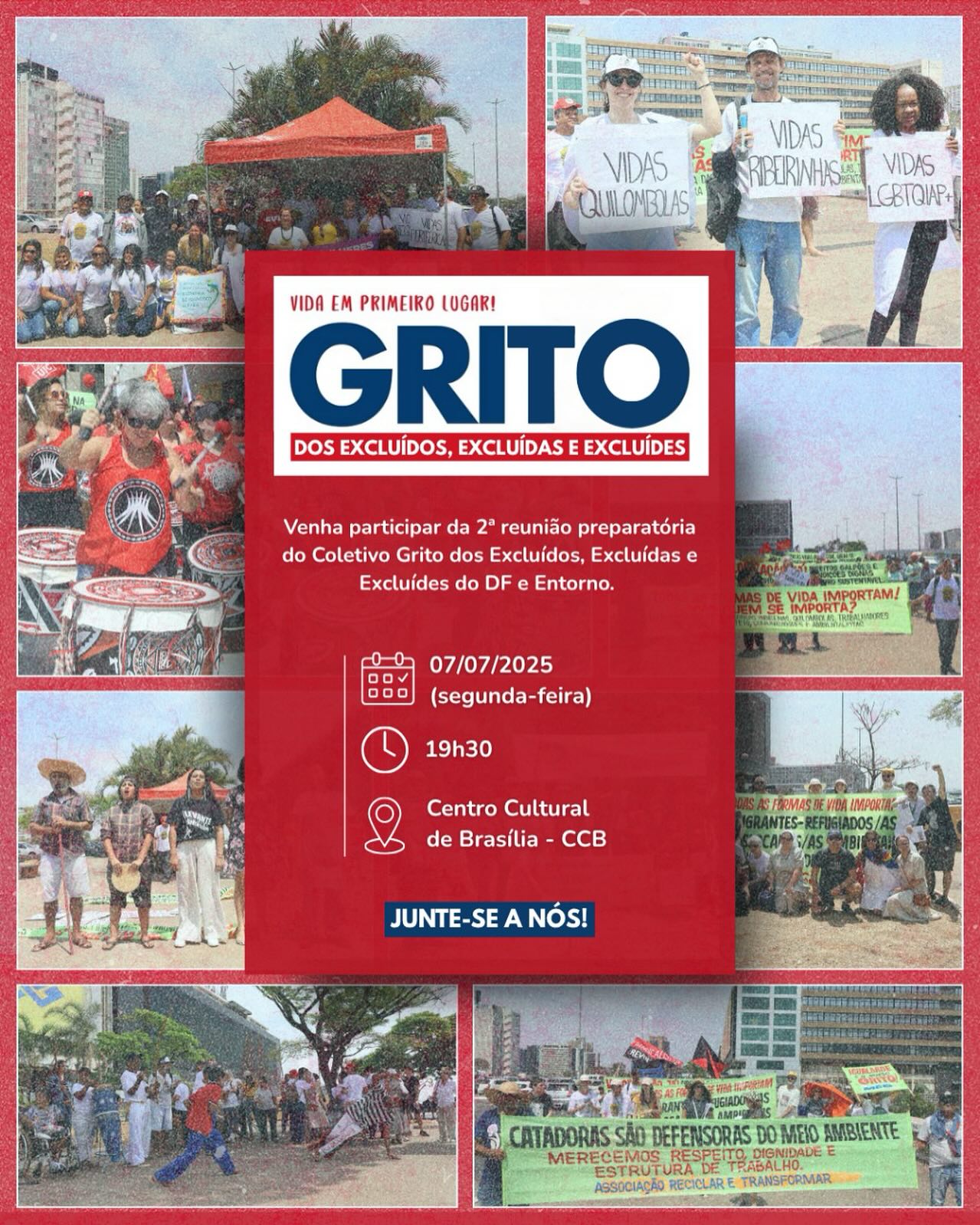📢 31º Grito dos Excluídos, Excluídas e Excluídes – 2025
Vida em primeiro lugar!
“Cuidar da Casa Comum e da Democracia é luta de todo dia”
Você é nosso(a)(e) convidado(a)(e) para a 2ª reunião preparatória do Coletivo do DF e Entorno.
Vamos seguir na construção coletiva do Grito em nossa região!
📍 Data: 07 de julho (segunda-feira)
🕢 Horário: 19h30
🏛 Local: Centro Cultural de Brasília – CCB
SGAN 601, Módulo D – Asa Norte, Brasília/DF
✊🏾 Sigamos juntes, com esperança e luta!
