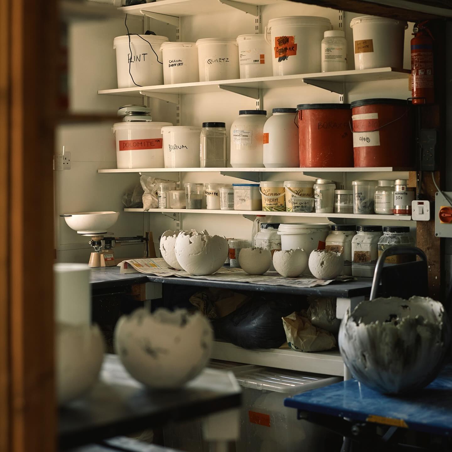 Glaze room
Image by Liz Seabrook Photography.
Hello all, there have been lots of comments recently about my glazing so I thought I would show you this lovely photo taken by the wonderful Liz Seabrook of where it all happens.
This is part of the outbuildings we converted at home to be my new studio space. I have a large room for making and this room which houses my kilns and ceramic materials and a big tank of glaze. This is where the mad scientist part of my practice comes into play. I am constantly experimenting here with different materials to create new surfaces.
In this picture you can see bowls waiting to be glazed on the left, glazed bowls waiting to be fired at the back and on the right a large bowl fresh from the kiln.
•
•
•
@lizseabrook
#artistsstudio
#artexhibition
#contemporaryart
#sculpturalvessel
#newwork
#firedthings
#ceramics
#ceramicart
#ceramica
#céramique
#contemporaryceramics
#contemporarysculpture
#contemporarycraft
#interiordesign
#interiorbeauty
#naturedesign
#sculpture
#art
#clay
#陶芸
#ccdirectory
#craftpottersassociation