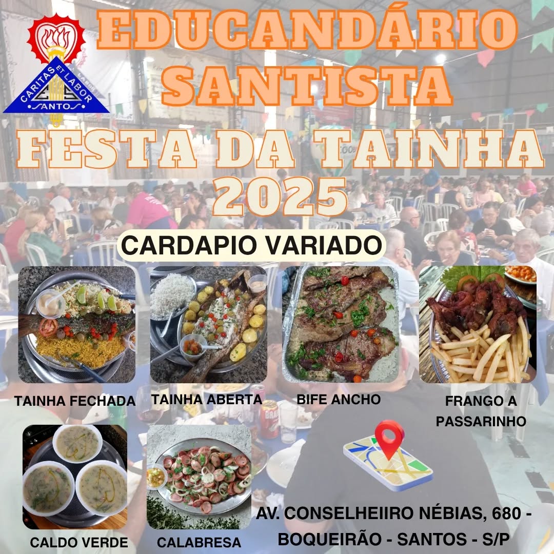 🎣✨ Venha saborear uma deliciosa Tainha e fazer parte de uma causa que transforma vidas!
⠀
A tradicional Festa da Tainha do Educandário Santista já começou!
⠀
📍 Av. Conselheiro Nébias, 680 Boqueirão – Santos/SP
📅 Todas as sextas e sábados das 19h00 às 23h00 – Domingo 12h00 às 16h00 de 27 de junho a 03 de agosto
💲 Nossa tainha serve de 02 a 03 pessoas.
🍽️Cardápio Variado desde peixe, carne e frango
🍽️Uma refeição deliciosa preparada com carinho, embalada para viagem ou para ser degustada no local, em um ambiente acolhedor.
💛 E o melhor: tudo isso em prol das 668 crianças atendidas pela nossa instituição.
⠀
Comida boa. Causa nobre. Amor em cada detalhe.
👉 Ajude-nos a espalhar essa corrente do bem!
⠀
#FestaDaTainha2025 #EducandarioSantista #CorrenteDoBem #TainhaSolidária #ComAmorEPorAmor #santossp