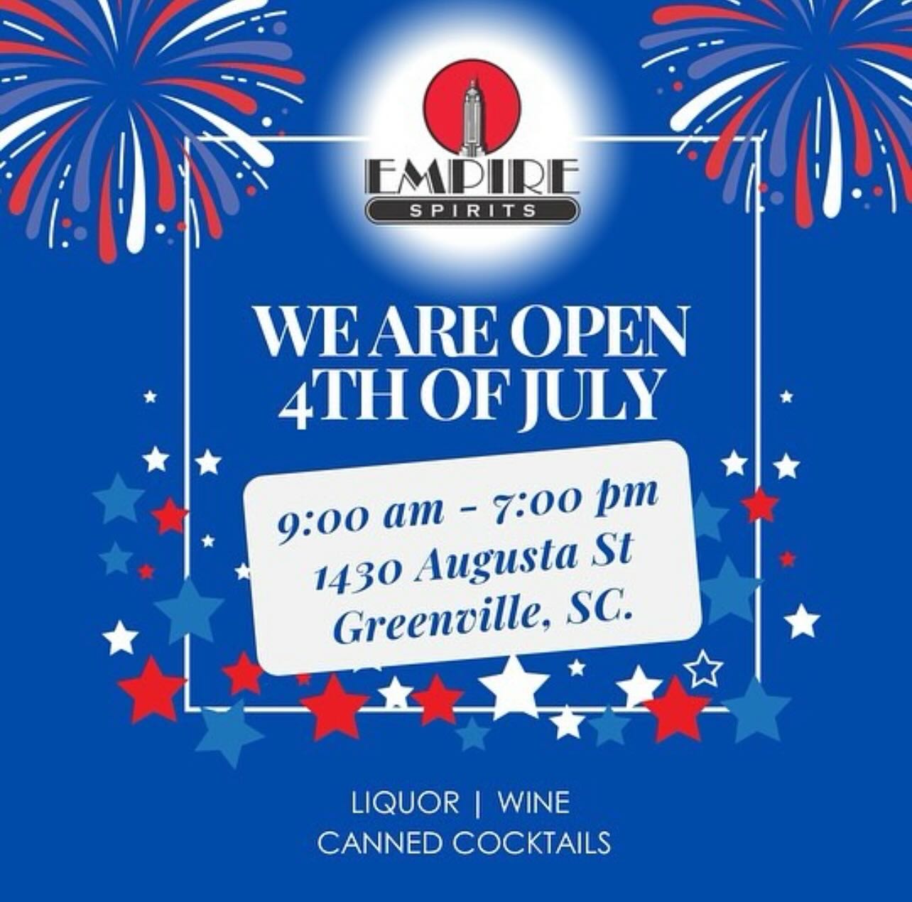 OPEN 4th of July, 9 AM to 7 PM. Come grab a 5th for the 4th. #open #4thofjuly #liquor #onlyonaugusta #keepcalmandkeepdrinking