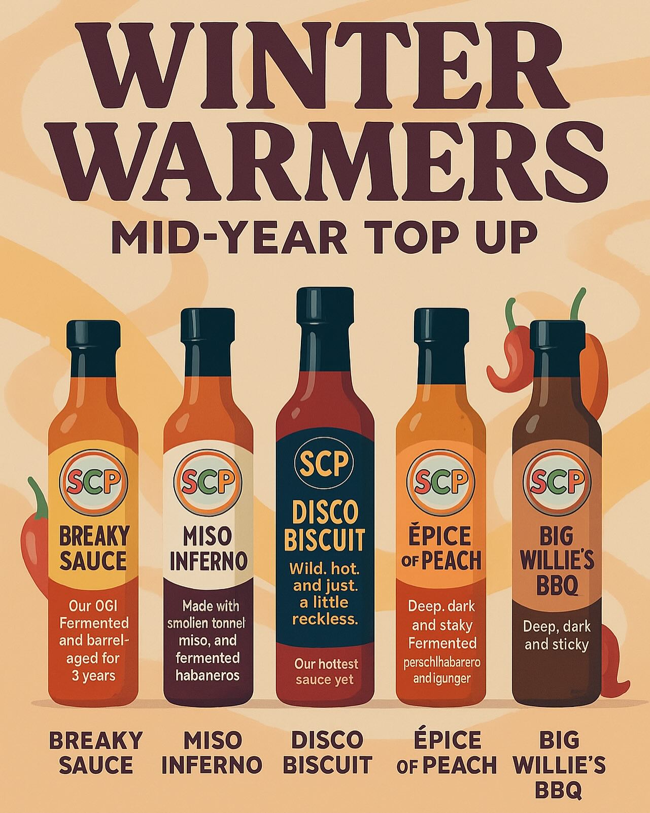 š„ WINTER WARMERS ā MID-YEAR TOP UP š„
Need a spicy boost to warm up your winter meals?
Weāve pulled together the ultimate SCP lineup to keep things bold, rich, and unforgettable.
DM to order.
Hereās whatās in the box:
š³ Breaky Sauce ā Our OG!
Fermented and barrel-aged for 3 years, this tangy, smoky classic turns eggs, toasties, and brekkie wraps into full-blown events.
š„ Miso Inferno ā Umami overload.
Made with smoked tomato miso, fermented habaneros, and caramelised onion agridulce. This oneās deep, hot, and built for ramen, roast veg, steak or anything needing a fiery savoury punch.
šŗ Disco Biscuit ā Wild, hot, and just a little reckless.
Our hottest sauce yet, this Carolina Reaper blend isnāt for the faint-hearted. A cheeky tribute to nights you barely remember and flavours youāll never forget.
š Ćpice of Peach ā Sweet meets spice.
Fermented peach, habanero, and ginger, balanced for grilled meats, tacos, or a splash over creamy cheese. Funky, bright, and ridiculously moreish.
š„ Big Willieās BBQ ā Deep, dark and sticky.
A real-deal fermented BBQ sauce with depth from smoked tomato, dates, and spices. Your ribs, sausages and mushroom burgers will never be the same.
All five bottles for just $40
Or $55 shipped anywhere in Australia š¦šŗ
Limited quantities available ā grab yours before theyāre gone!
#secrectchilliparty #scp #hotsauce
