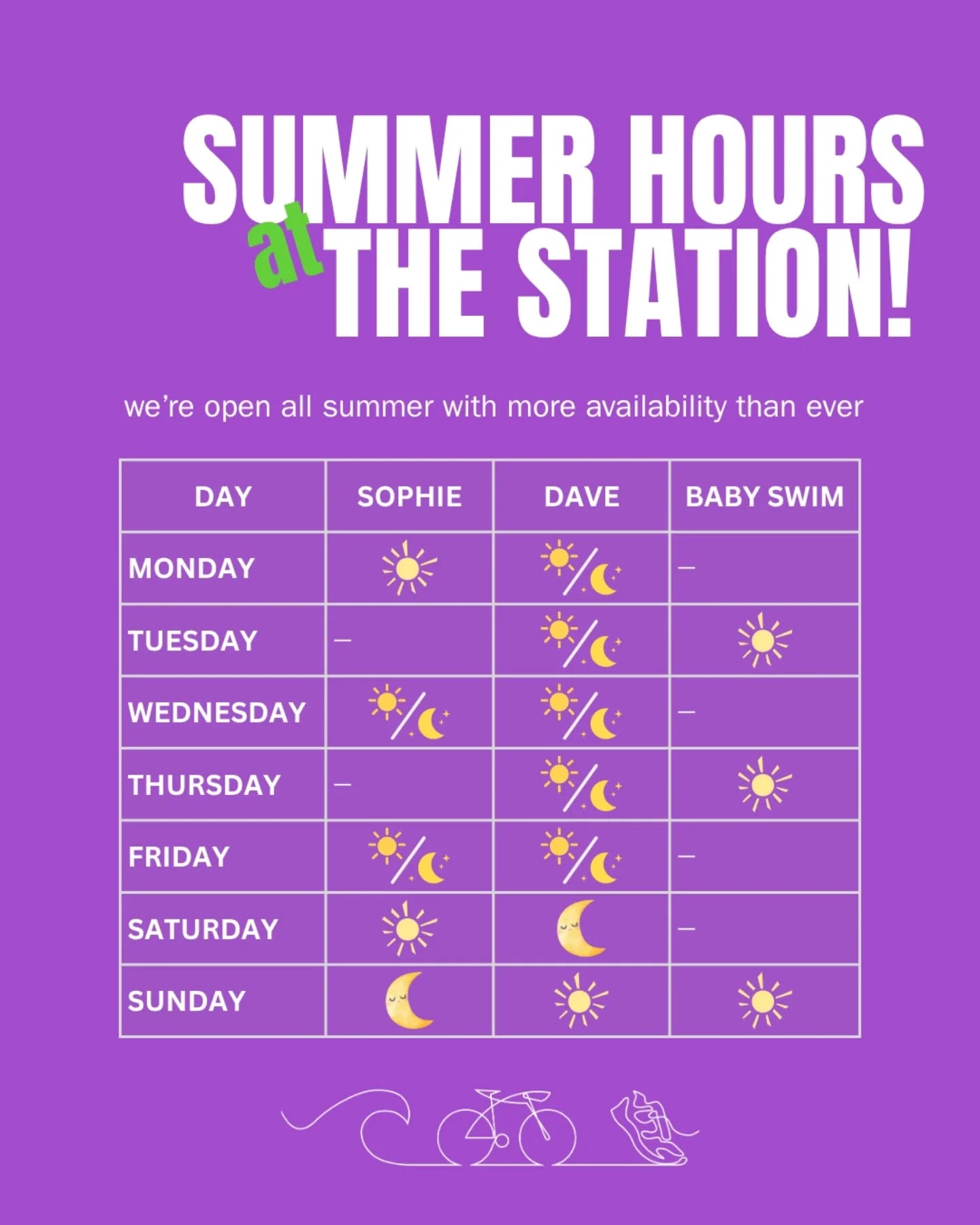 ☀️ Summer Hours are here!
We’re open all summer — with more slots across the week to suit your schedule. Baby Swim continues Tuesdays, Thursdays & Sundays.
☀️ AM
🌜 PM
Book now: giveitatri.org/swim-station