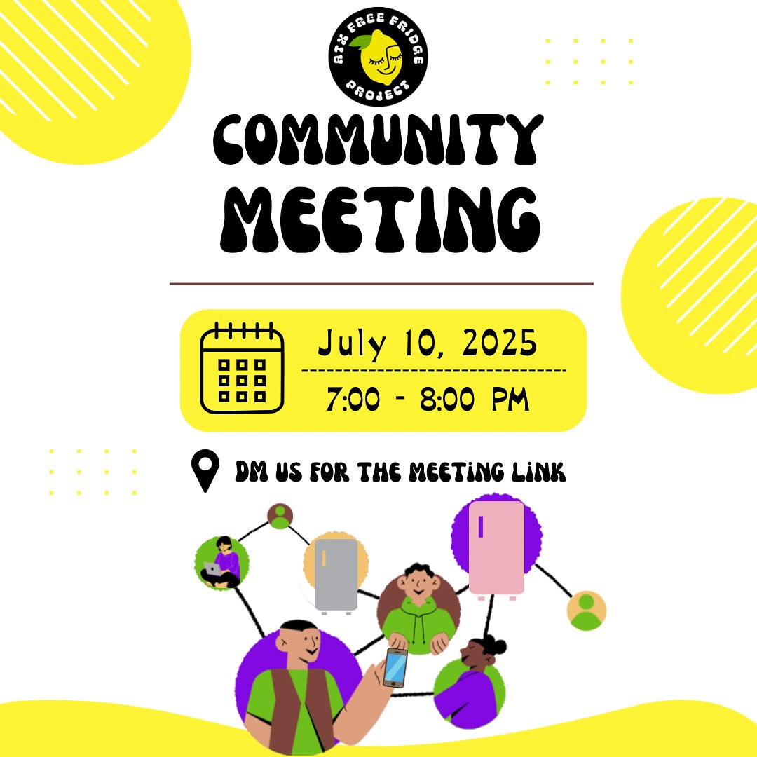 ✨Join Our Virtual Open Meeting this July! ✨
We are hosting another open, friendly space for you to connect and grow with us! 💬
We are going to discuss issues like:
🍋 Fridge Ownership
🍋 Cleanliness
📅 When: Thursday, 7/10 @ 7-8 PM
📍 Where: DM us for meeting link
Bring any questions, ideas, or thoughts you may have! Let’s build community and inspire each other! 🤝 Come as you are and let’s talk about all the exciting things ahead. We can’t wait to see you! 🍋
#CommunityBuilding #OpenMeeting #JoinUs #LetsConnect #ATXFreeFridge #SolidarityNotCharity